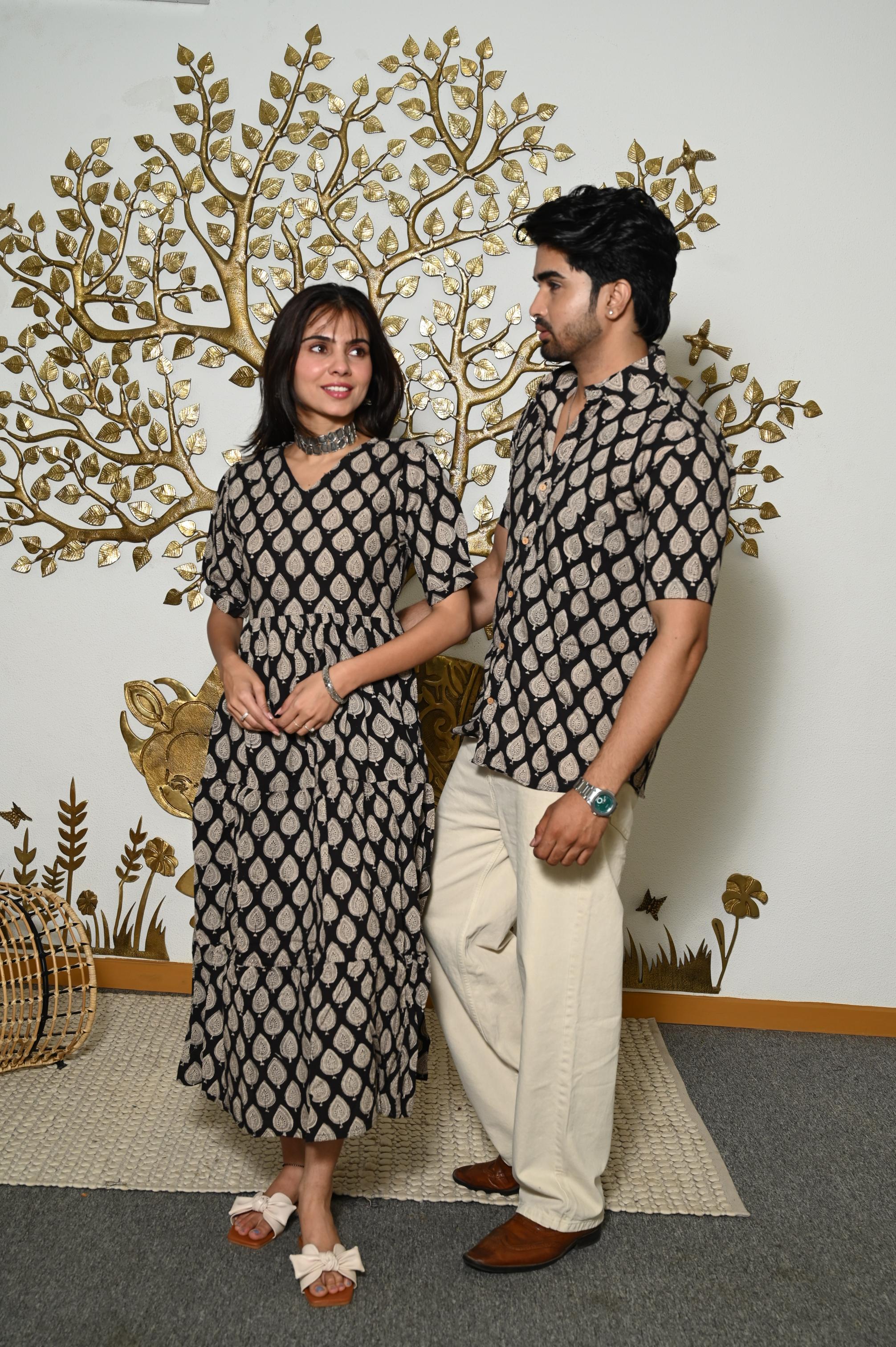Black Geometric Leaf Handprinted Pure Cotton Couple Dress & Shirt Set