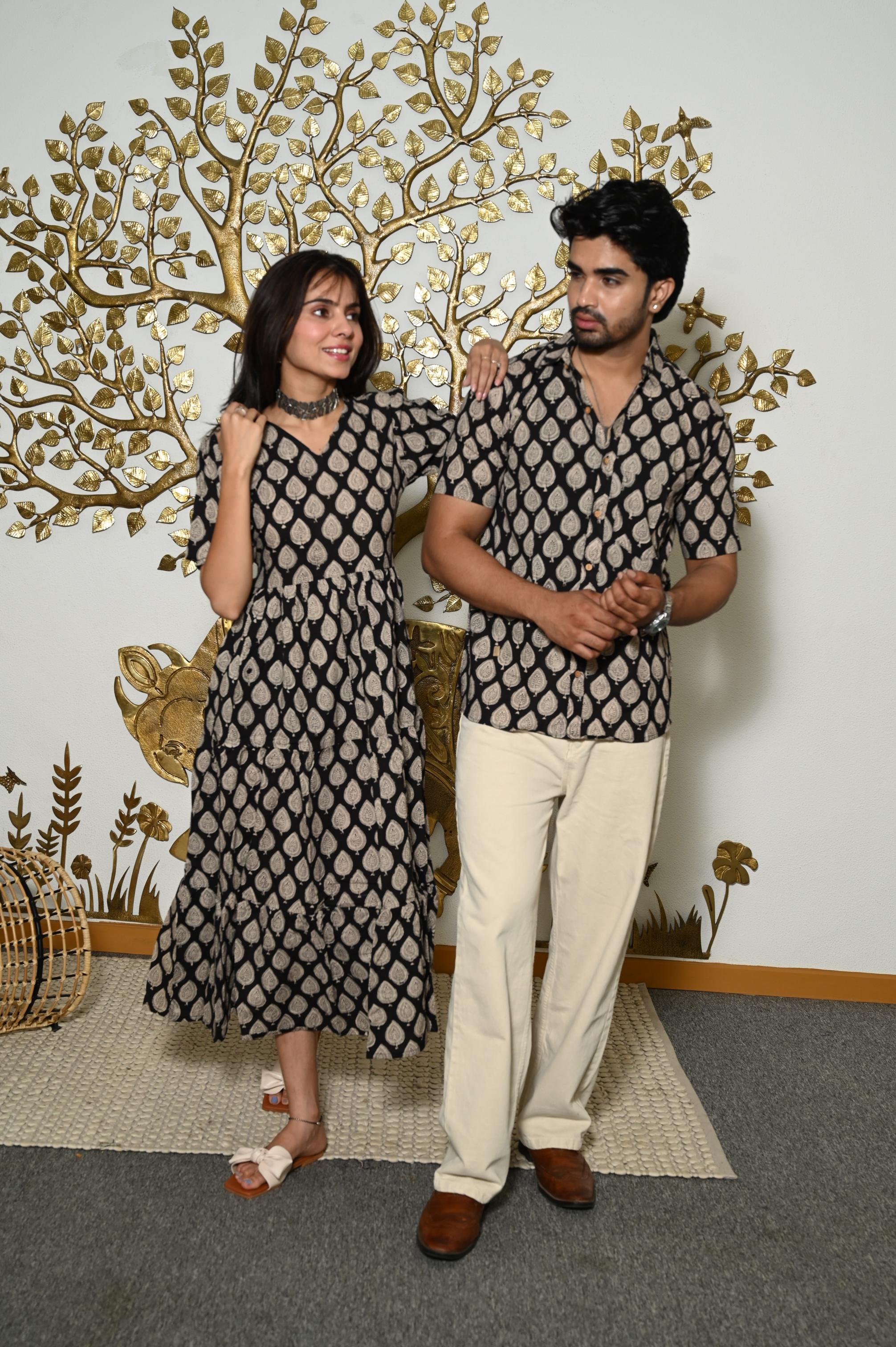 Black Geometric Leaf Handprinted Pure Cotton Couple Dress & Shirt Set
