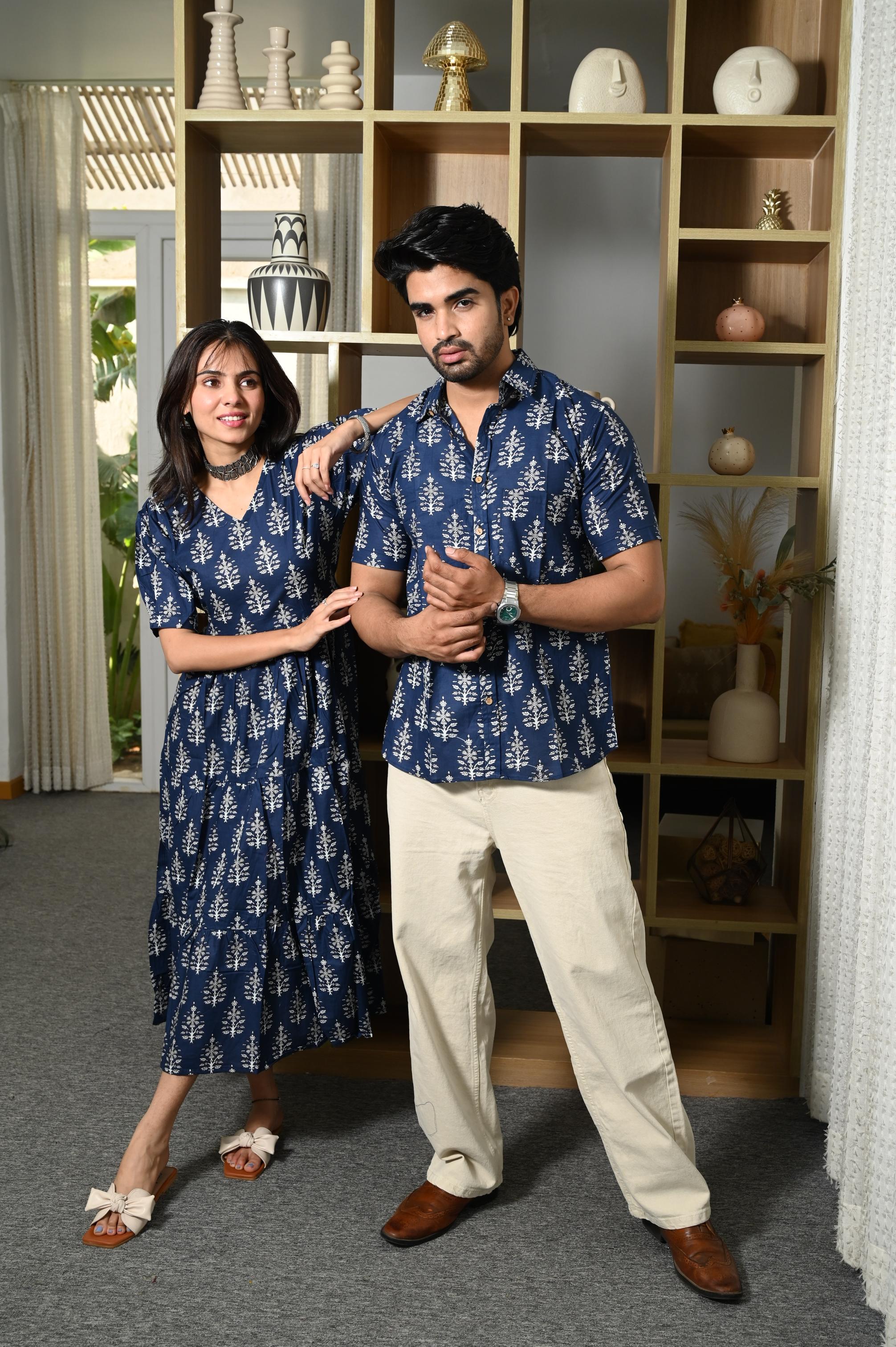 Navy Blue Botanical Tree Handprinted Pure Cotton Couple Dress & Shirt Set