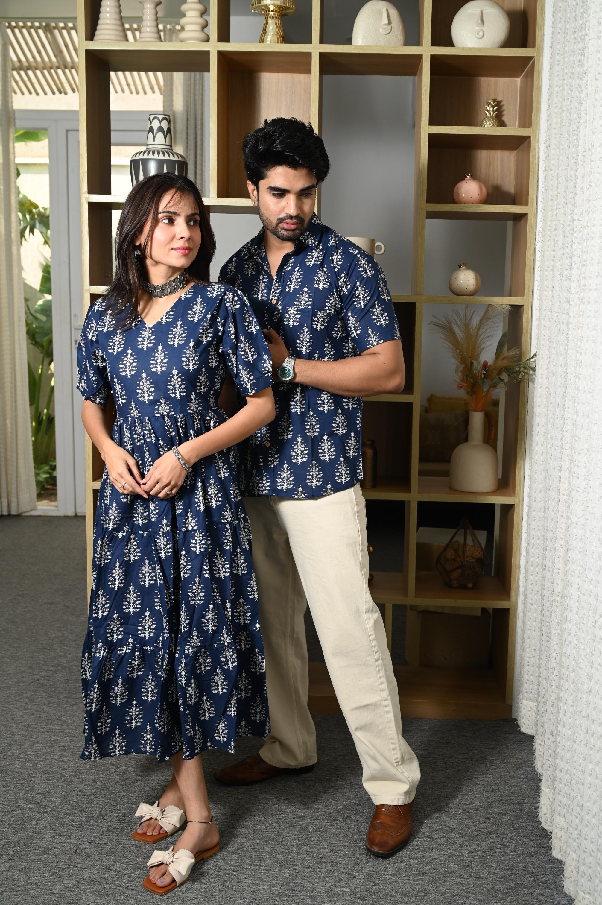 Navy Blue Botanical Tree Handprinted Pure Cotton Couple Dress & Shirt Set