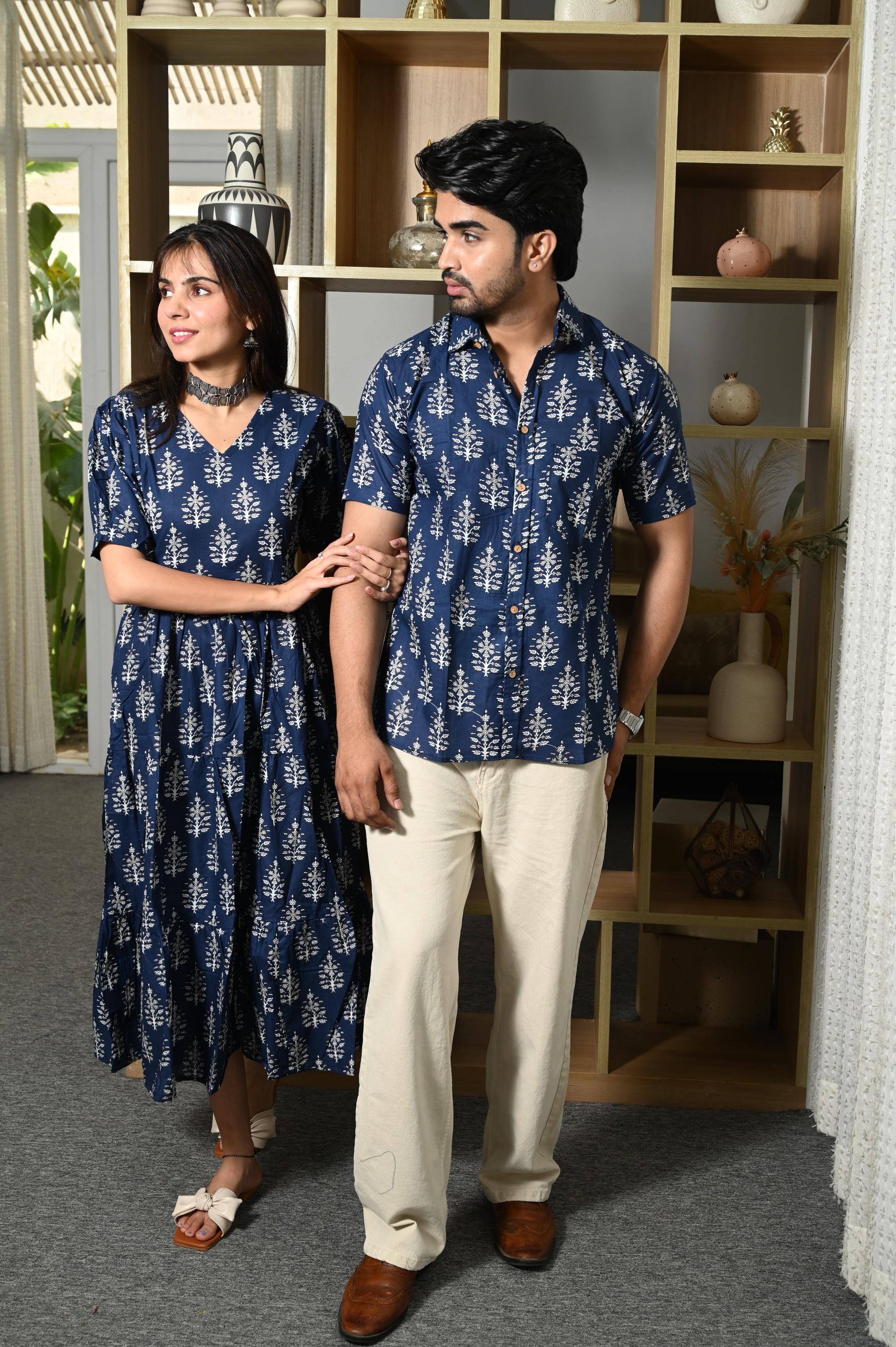 Navy Blue Botanical Tree Handprinted Pure Cotton Couple Dress & Shirt Set