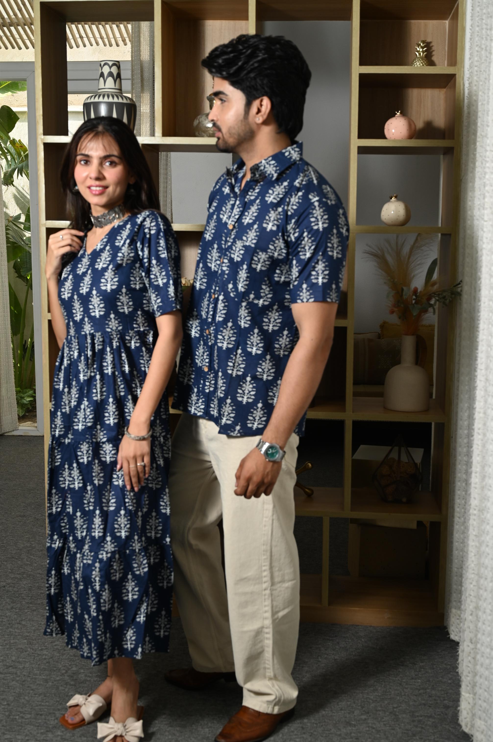 Navy Blue Botanical Tree Handprinted Pure Cotton Couple Dress & Shirt Set
