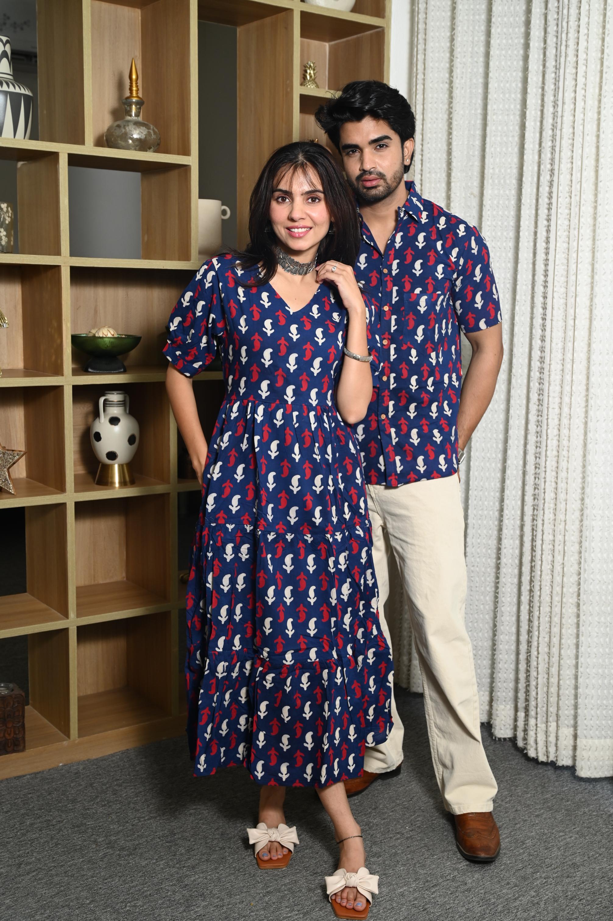 Navy Blue & Red Buta Handprinted Pure Cotton Couple Dress & Shirt Set