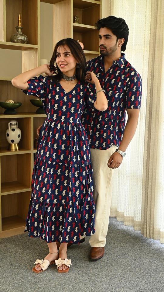 Navy Blue & Red Buta Handprinted Pure Cotton Couple Dress & Shirt Set