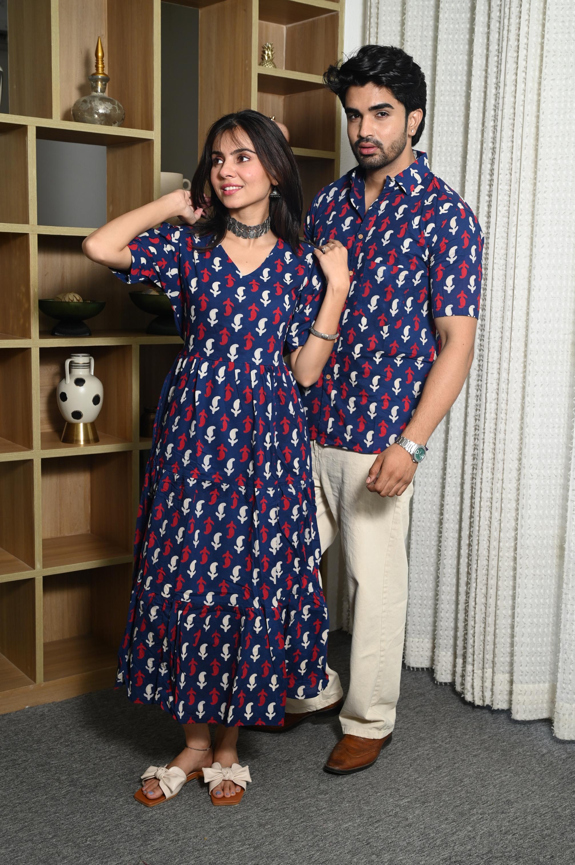 Navy Blue & Red Buta Handprinted Pure Cotton Couple Dress & Shirt Set