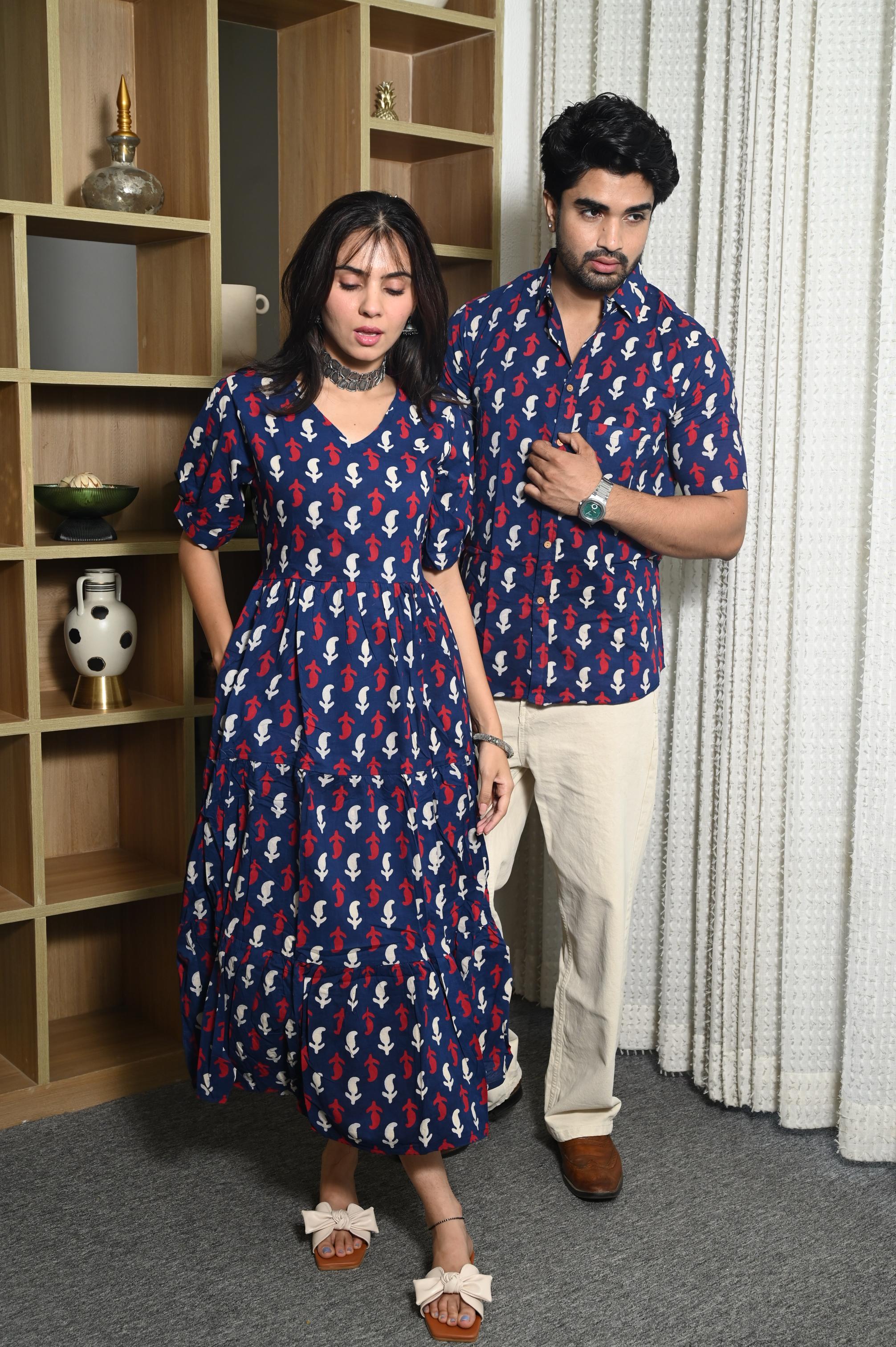 Navy Blue & Red Buta Handprinted Pure Cotton Couple Dress & Shirt Set