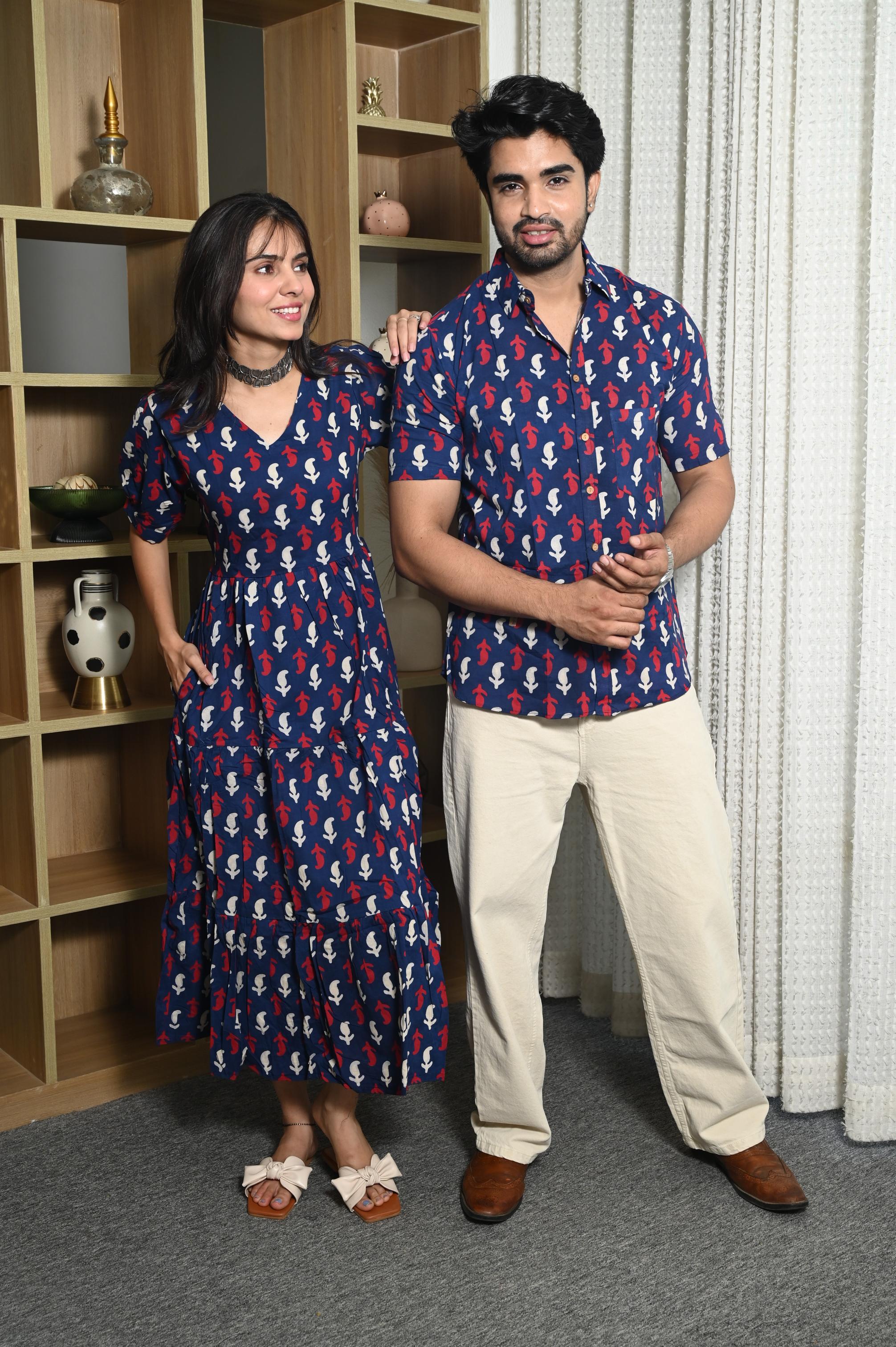 Navy Blue & Red Buta Handprinted Pure Cotton Couple Dress & Shirt Set