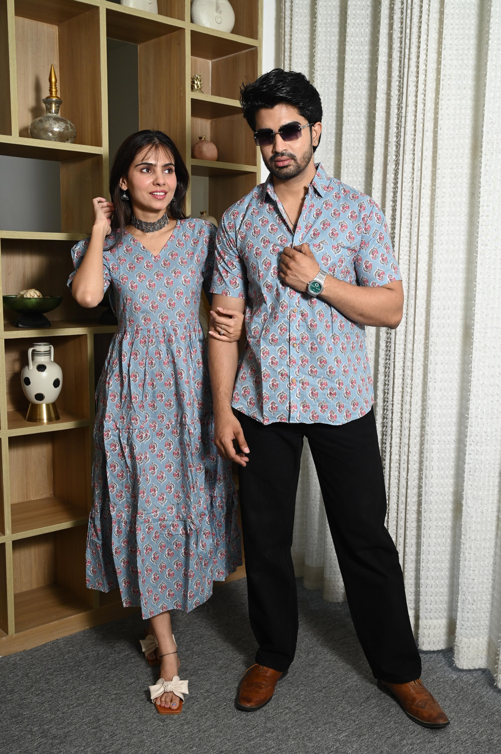 Powder Blue Floral Buta Handprinted Pure Cotton Couple Dress & Shirt Set