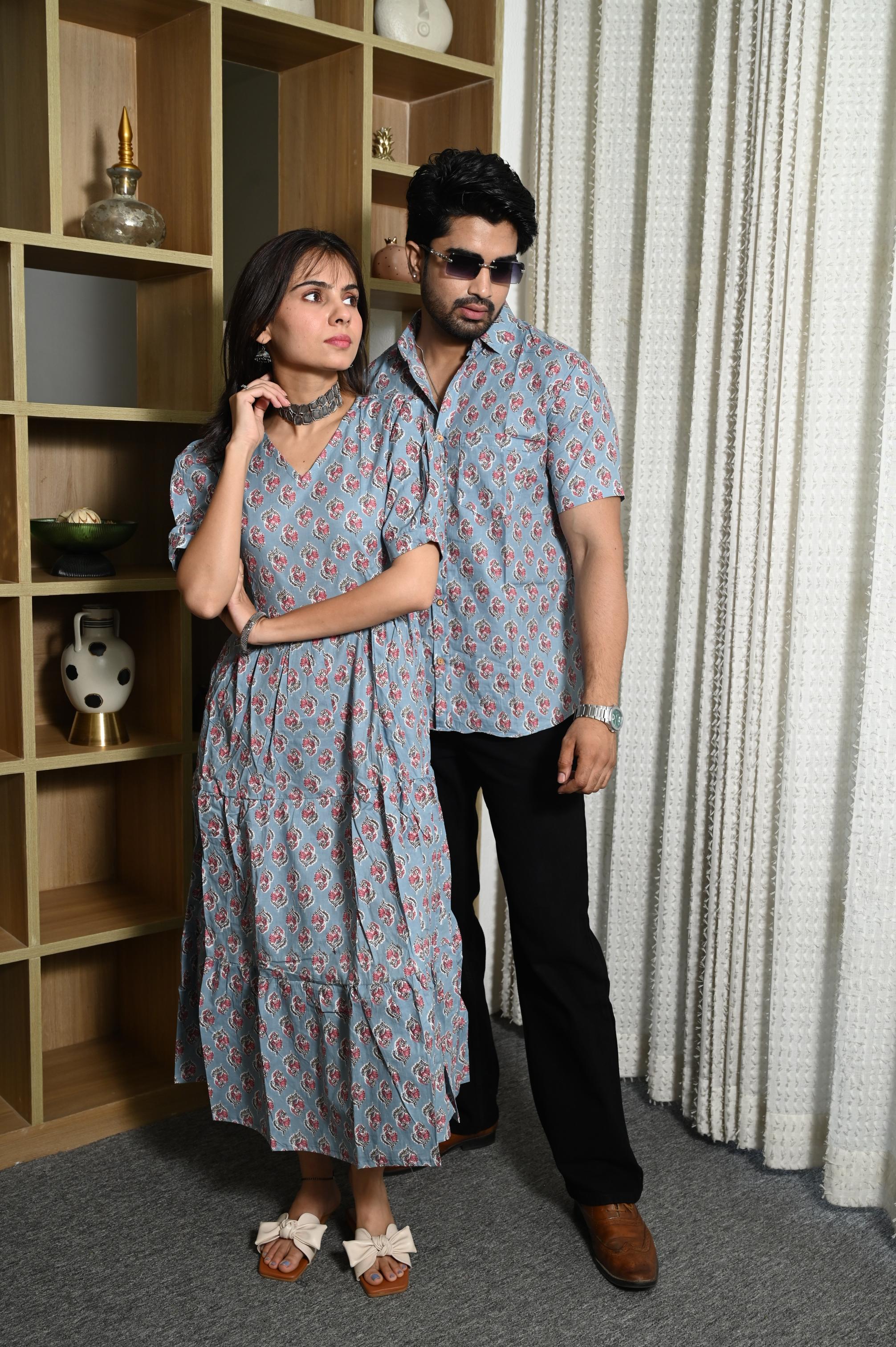 Powder Blue Floral Buta Handprinted Pure Cotton Couple Dress & Shirt Set