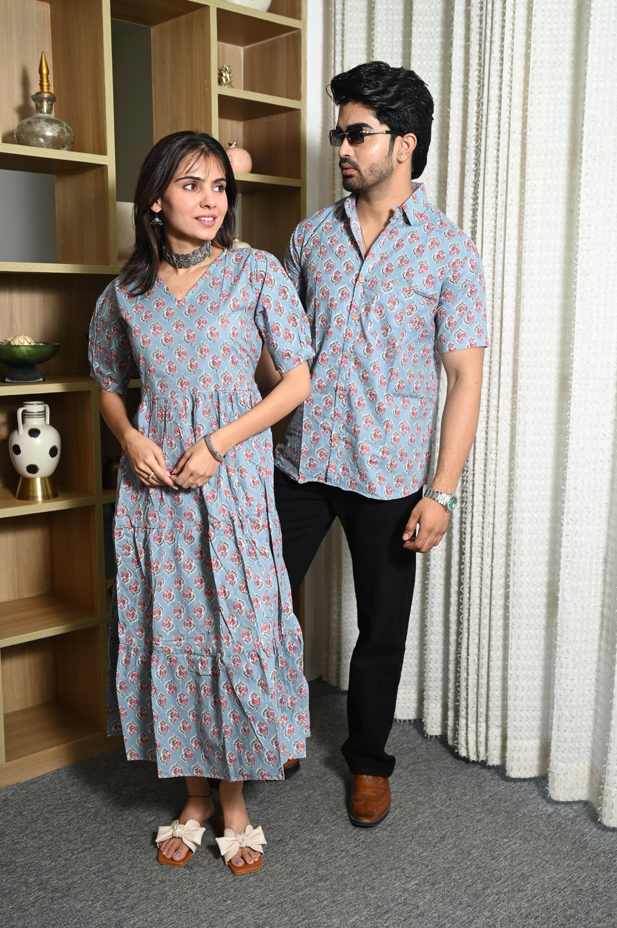 Powder Blue Floral Buta Handprinted Pure Cotton Couple Dress & Shirt Set