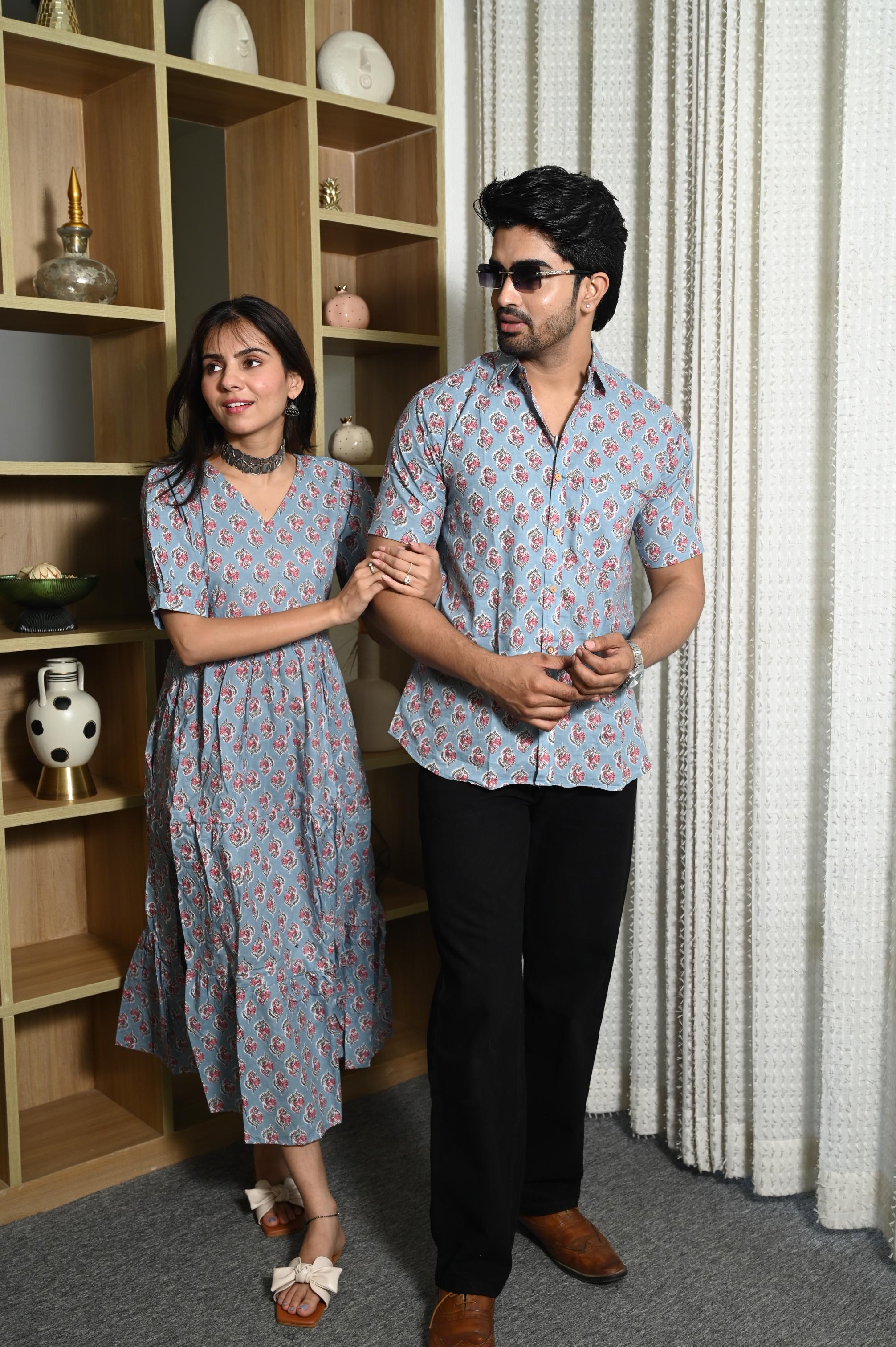 Powder Blue Floral Buta Handprinted Pure Cotton Couple Dress & Shirt Set