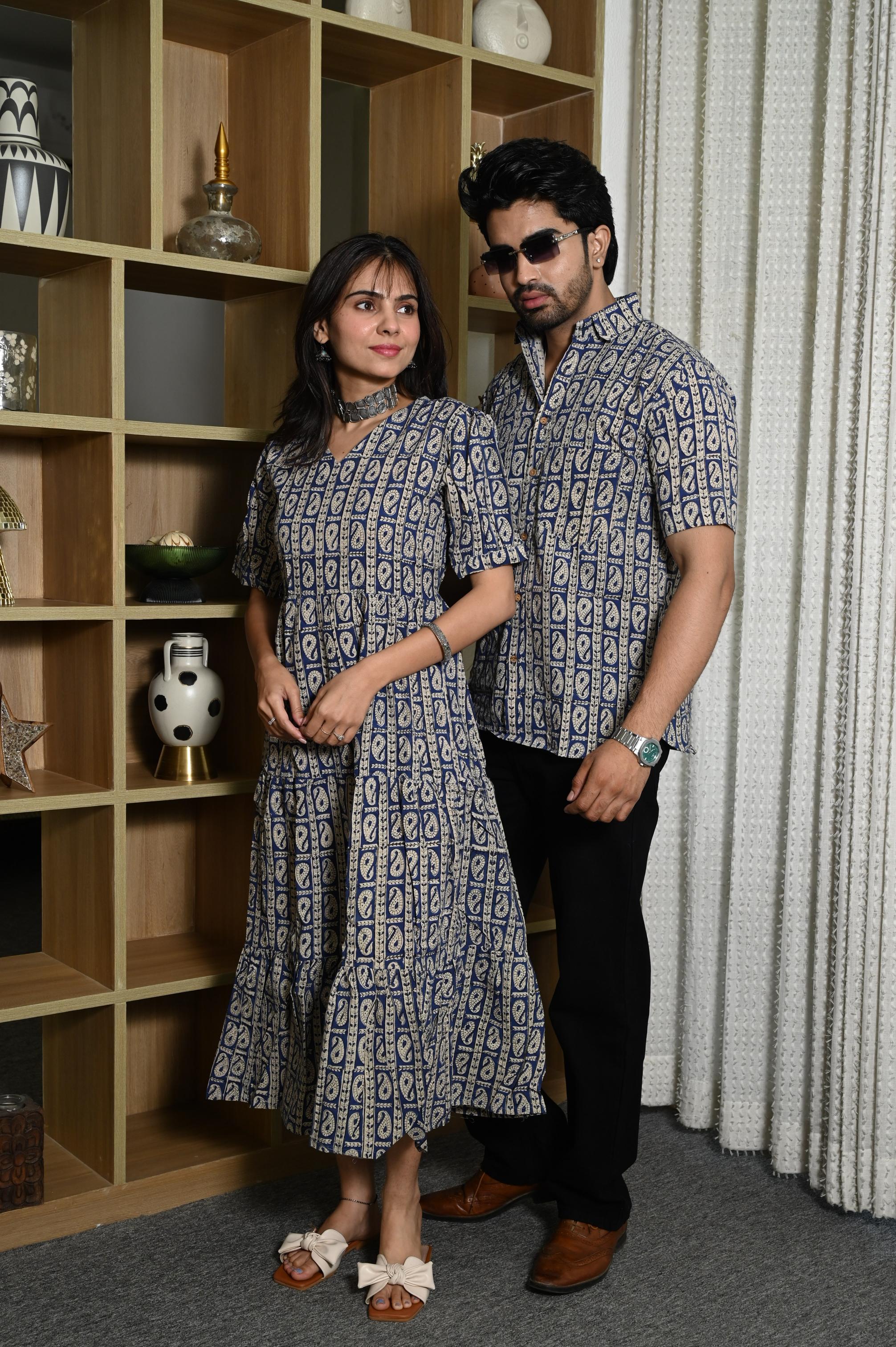 Indigo Blue Paisley Striped Handprinted Pure Cotton Couple Dress & Shirt Set
