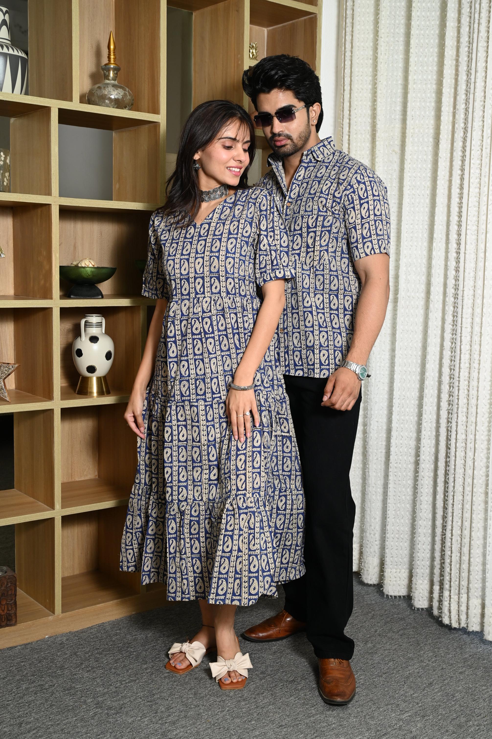 Indigo Blue Paisley Striped Handprinted Pure Cotton Couple Dress & Shirt Set