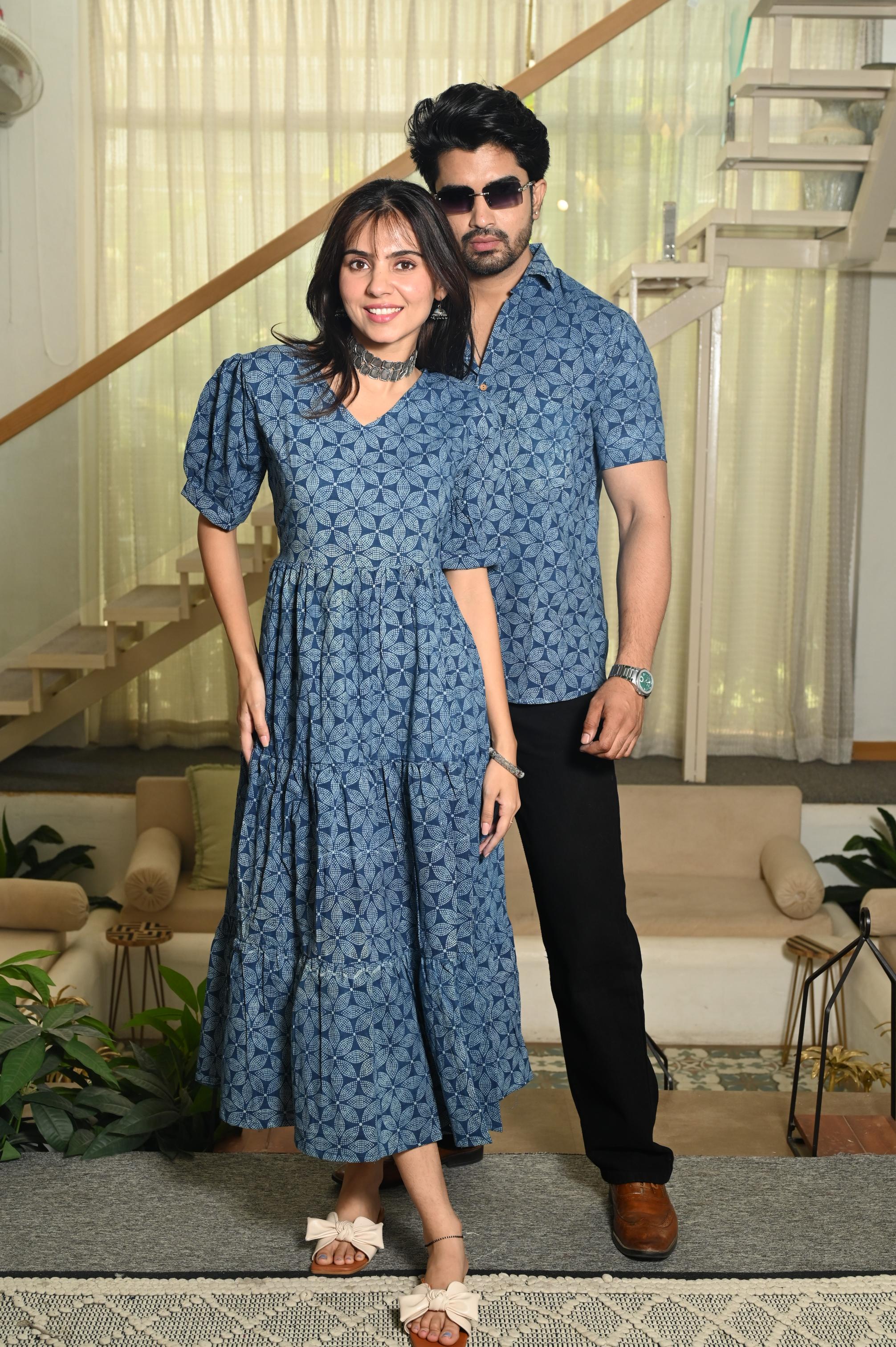 Indigo Blue Geometric Floral Handprinted Pure Cotton Couple Dress & Shirt Set
