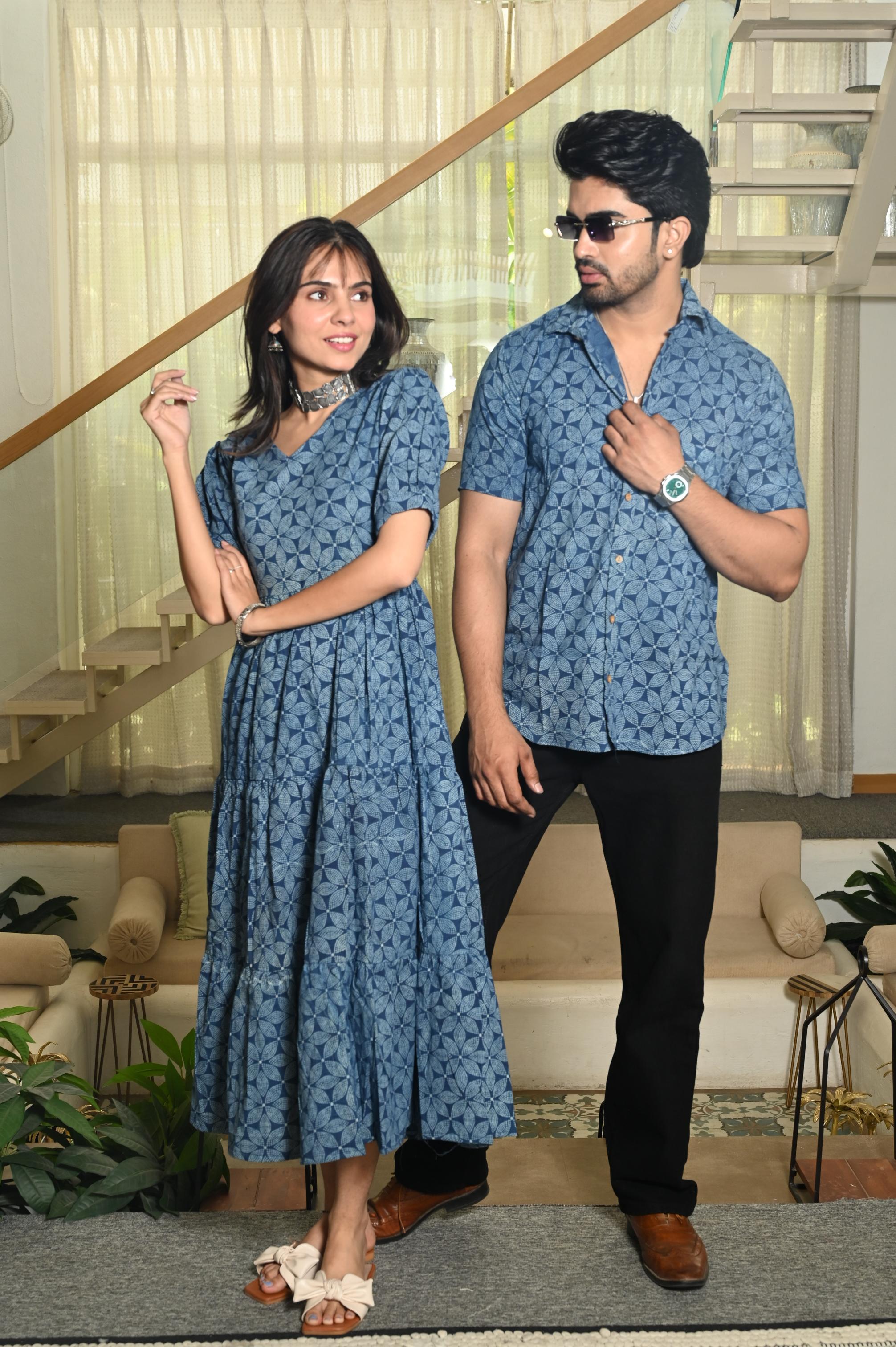 Indigo Blue Geometric Floral Handprinted Pure Cotton Couple Dress & Shirt Set