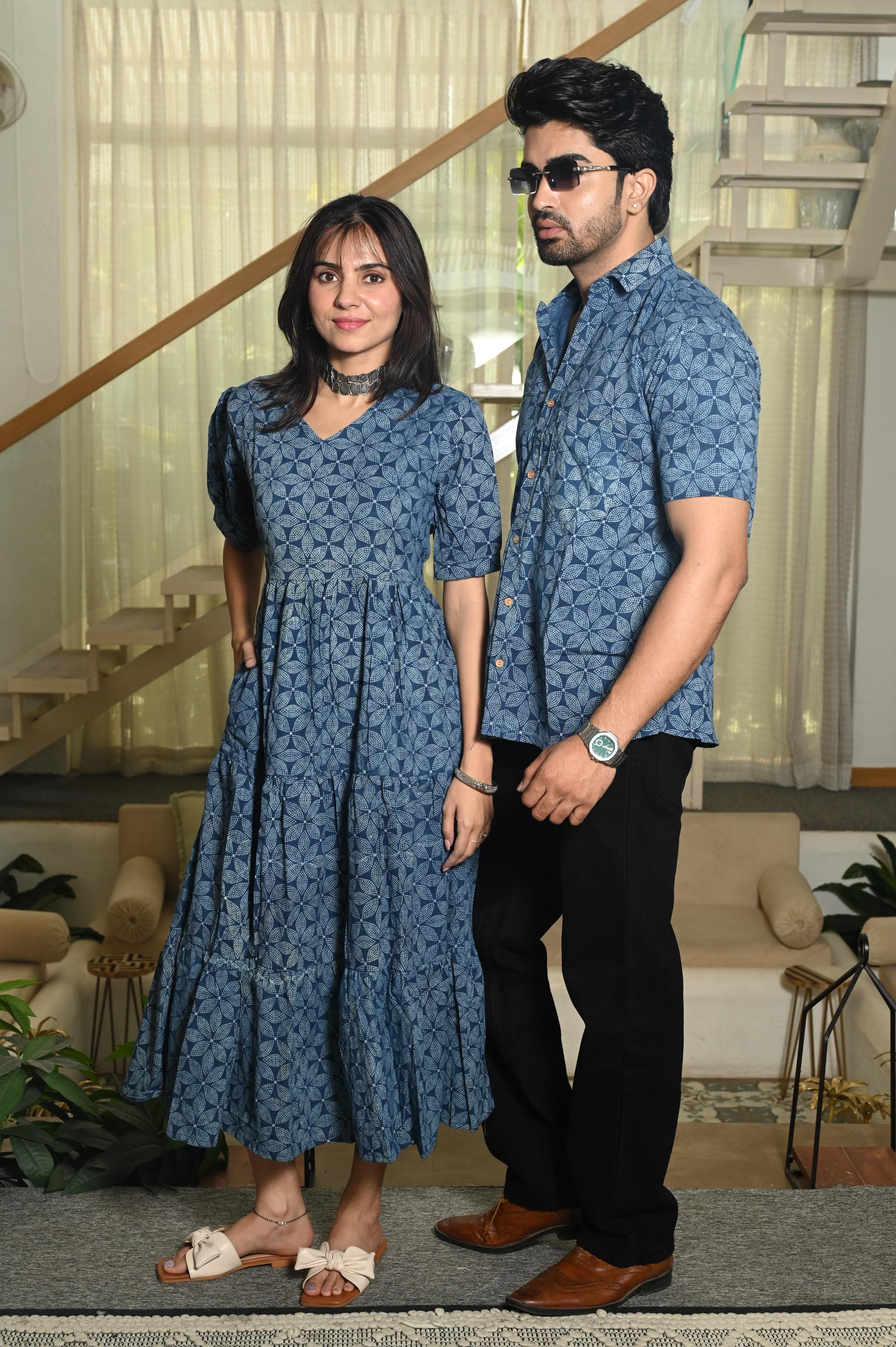 Indigo Blue Geometric Floral Handprinted Pure Cotton Couple Dress & Shirt Set