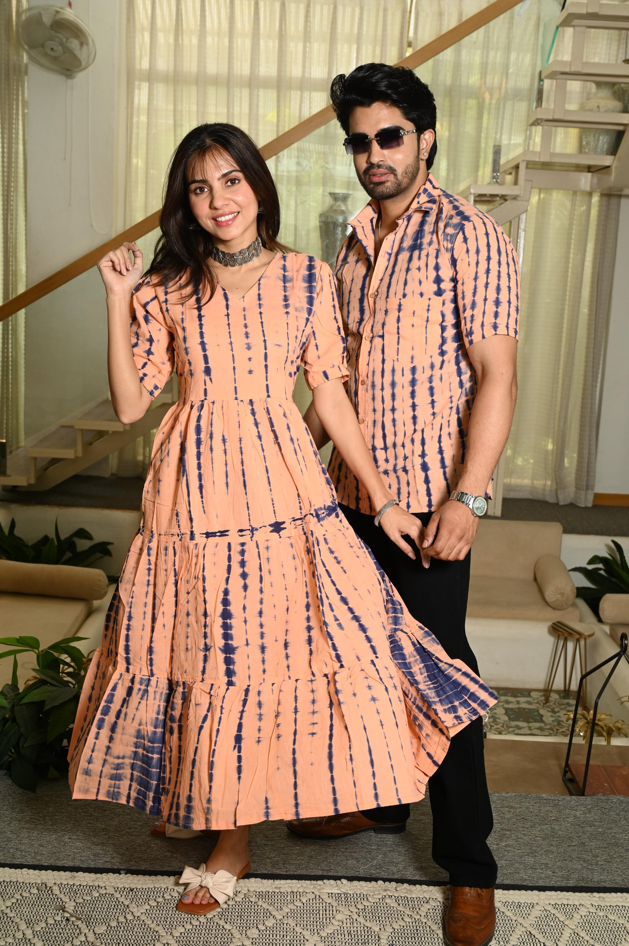Peach & Indigo Shibori Tie-Dye Pure Cotton Couple Dress & Shirt Set