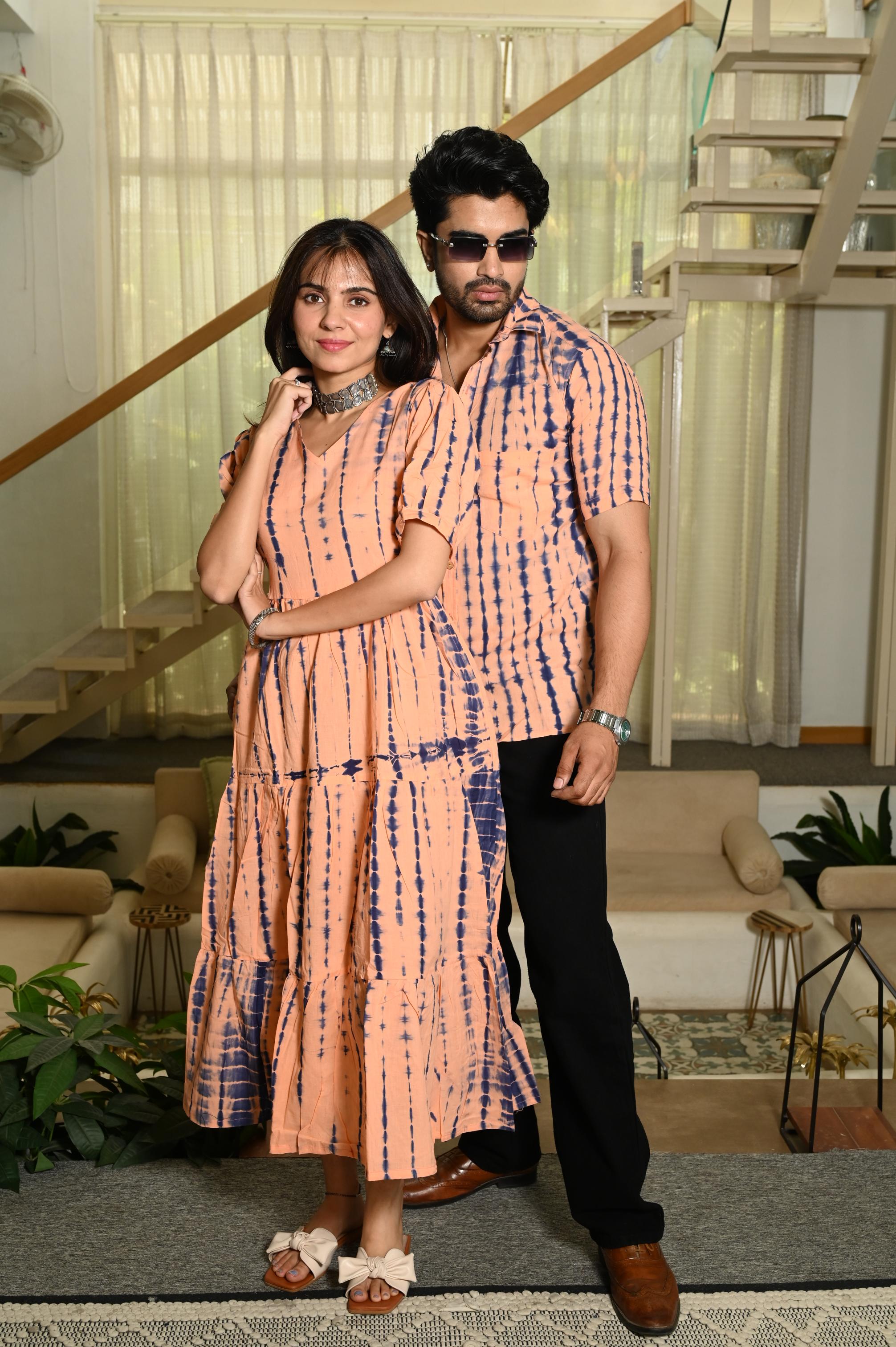 Peach & Indigo Shibori Tie-Dye Pure Cotton Couple Dress & Shirt Set