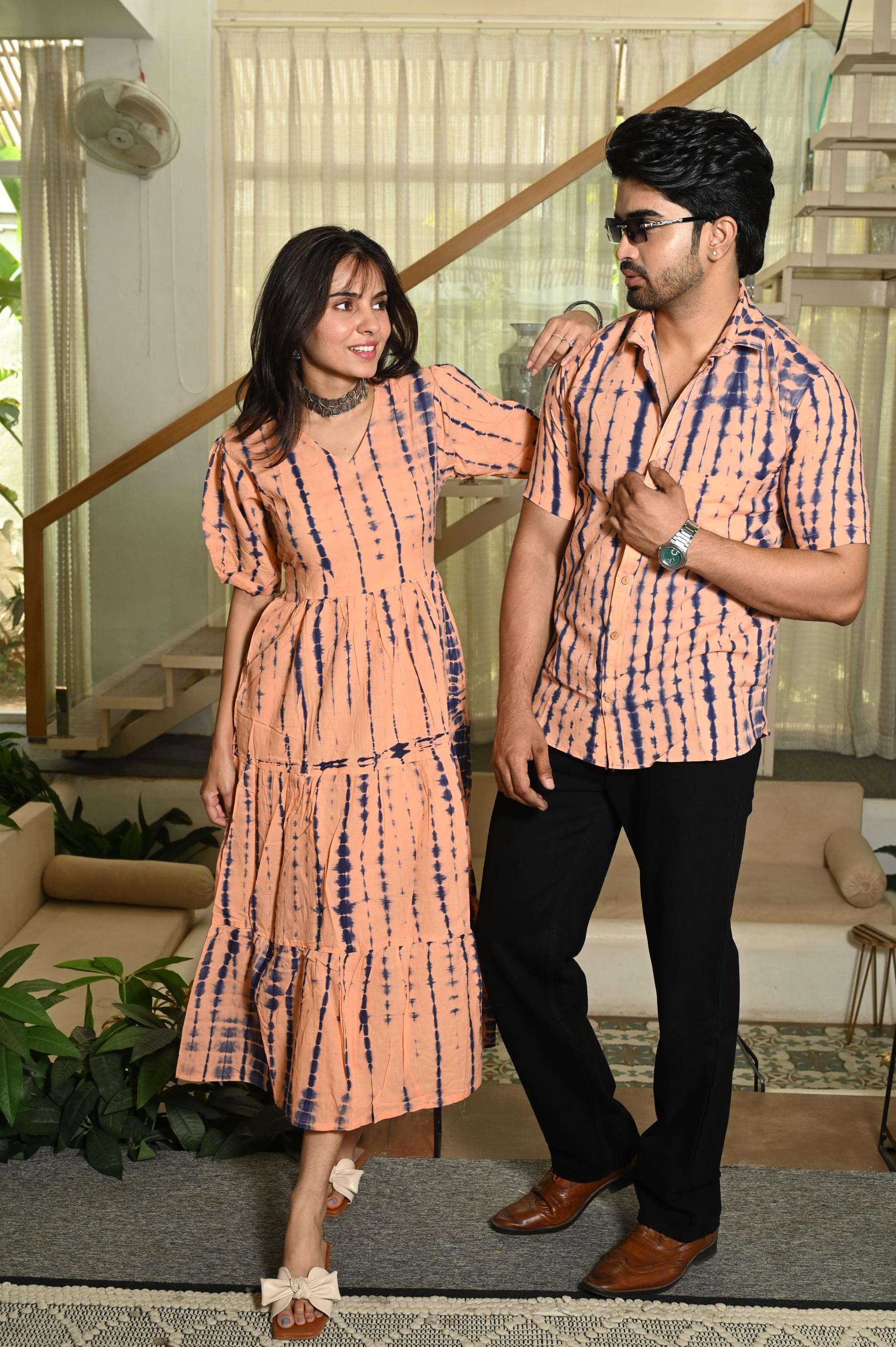 Peach & Indigo Shibori Tie-Dye Pure Cotton Couple Dress & Shirt Set