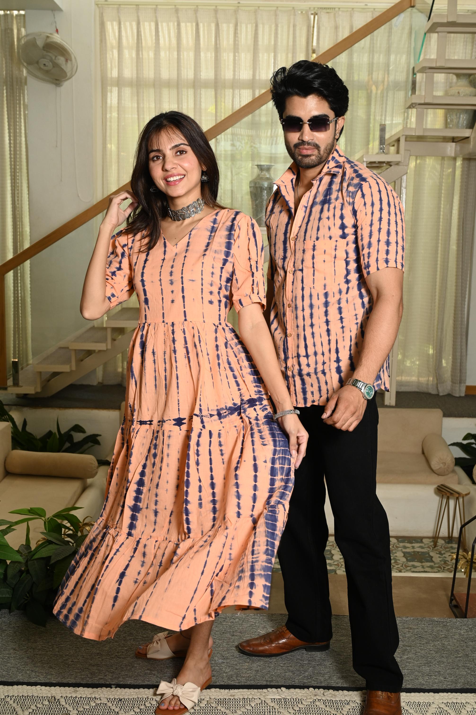Peach & Indigo Shibori Tie-Dye Pure Cotton Couple Dress & Shirt Set
