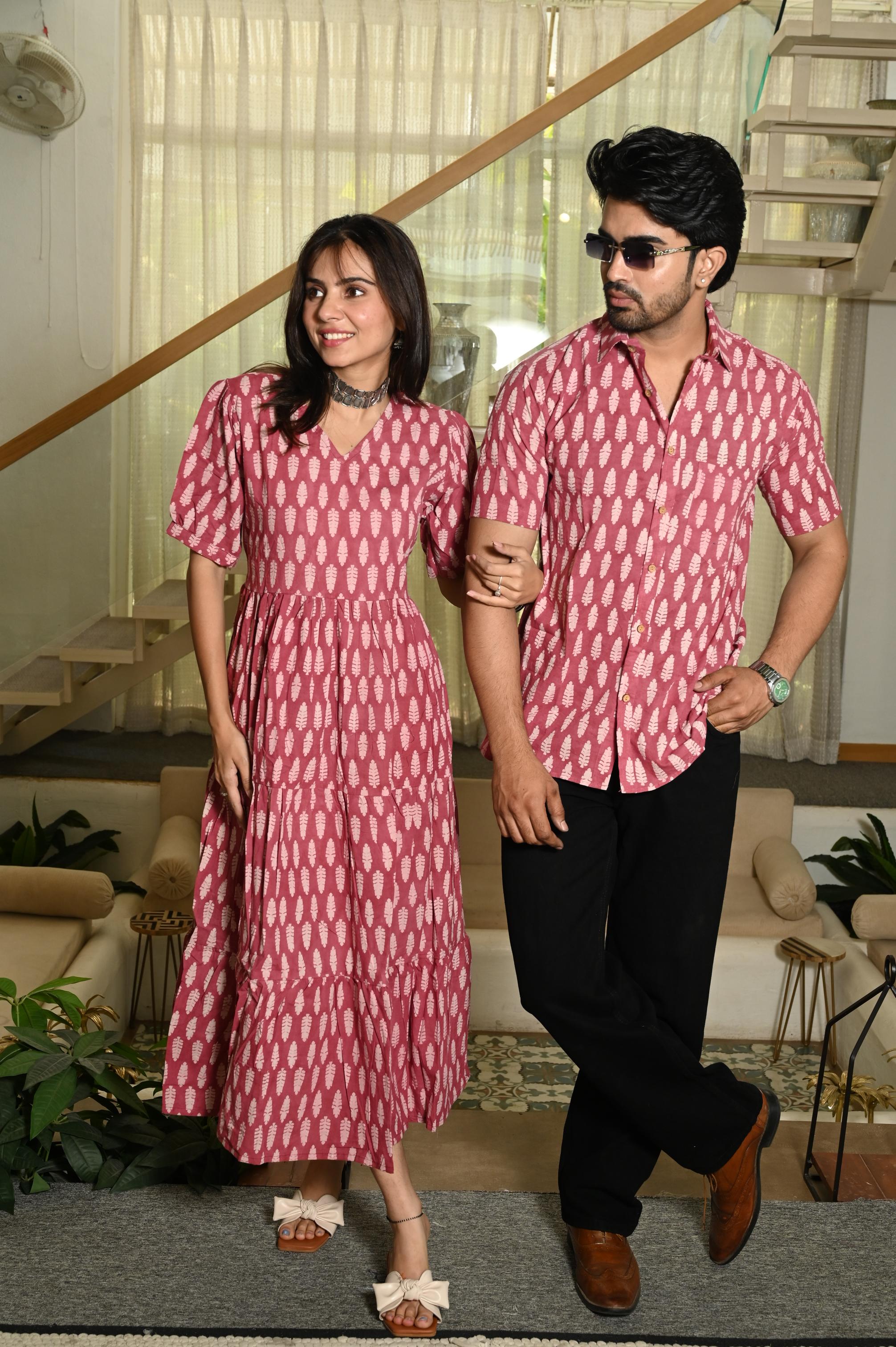 Dusty Rose Geometric Leaf Handprinted Pure Cotton Couple Dress & Shirt Set