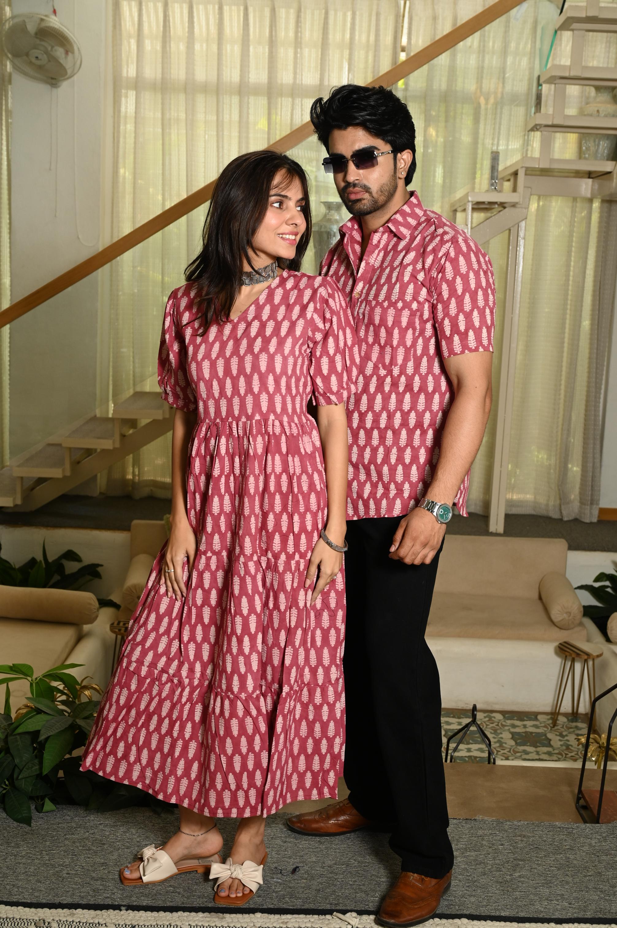 Dusty Rose Geometric Leaf Handprinted Pure Cotton Couple Dress & Shirt Set