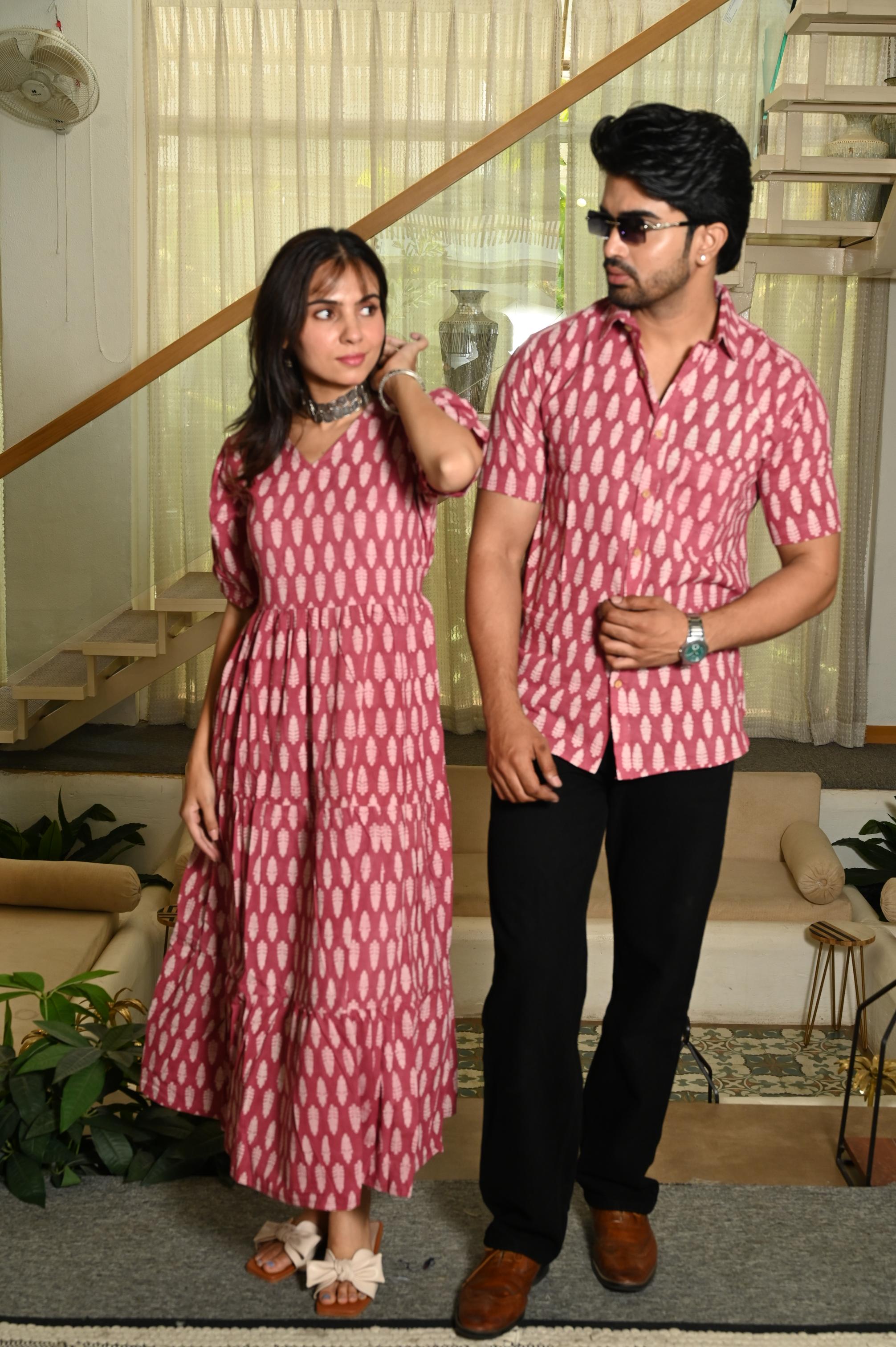 Dusty Rose Geometric Leaf Handprinted Pure Cotton Couple Dress & Shirt Set