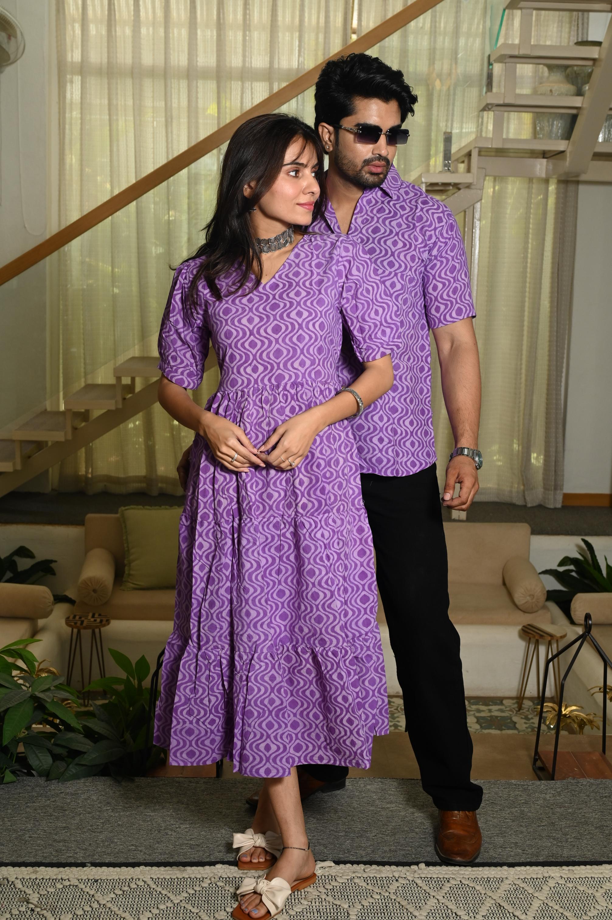 Purple Wavy Geometric Handprinted Pure Cotton Couple Dress & Shirt Set