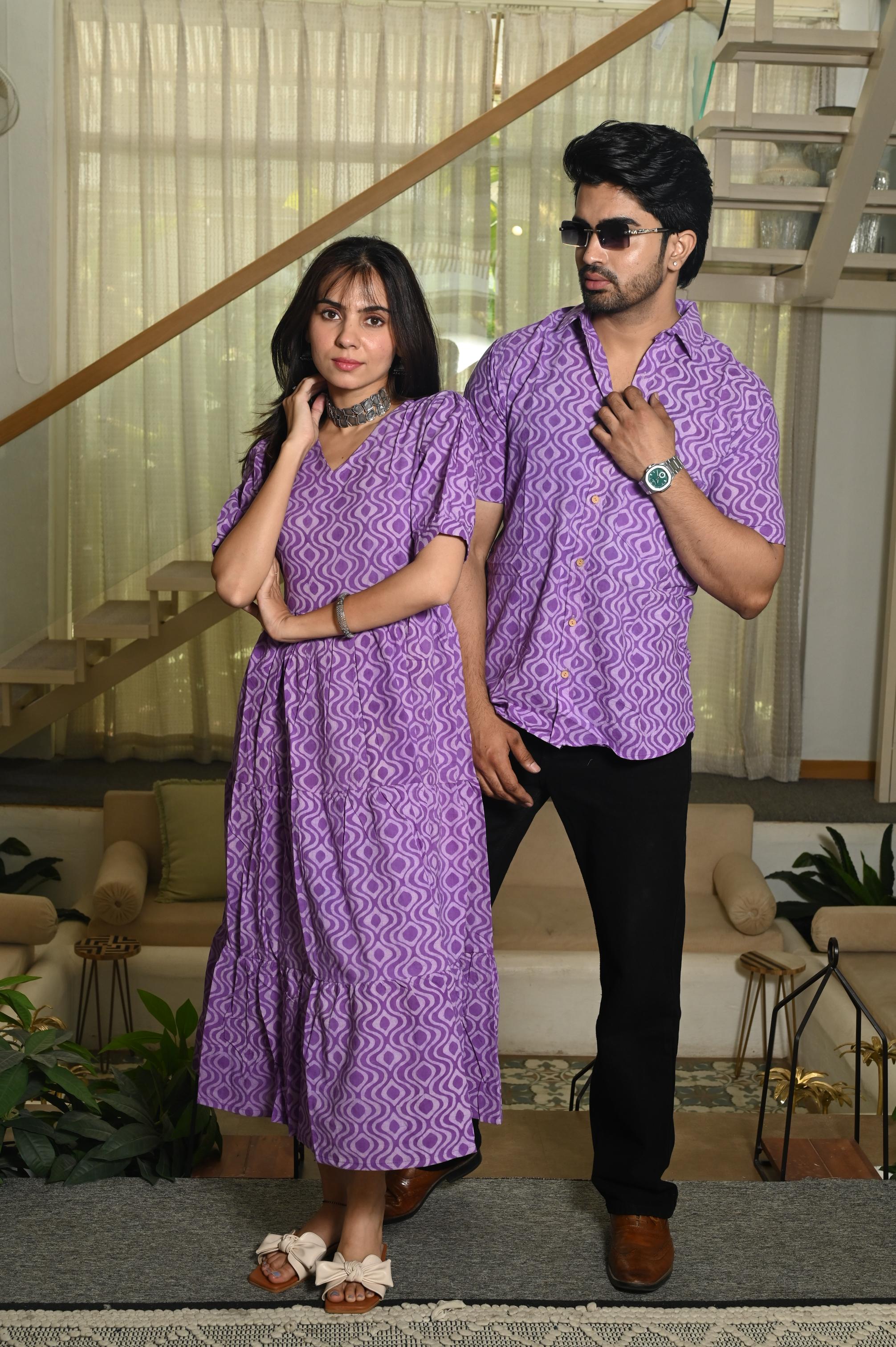 Purple Wavy Geometric Handprinted Pure Cotton Couple Dress & Shirt Set