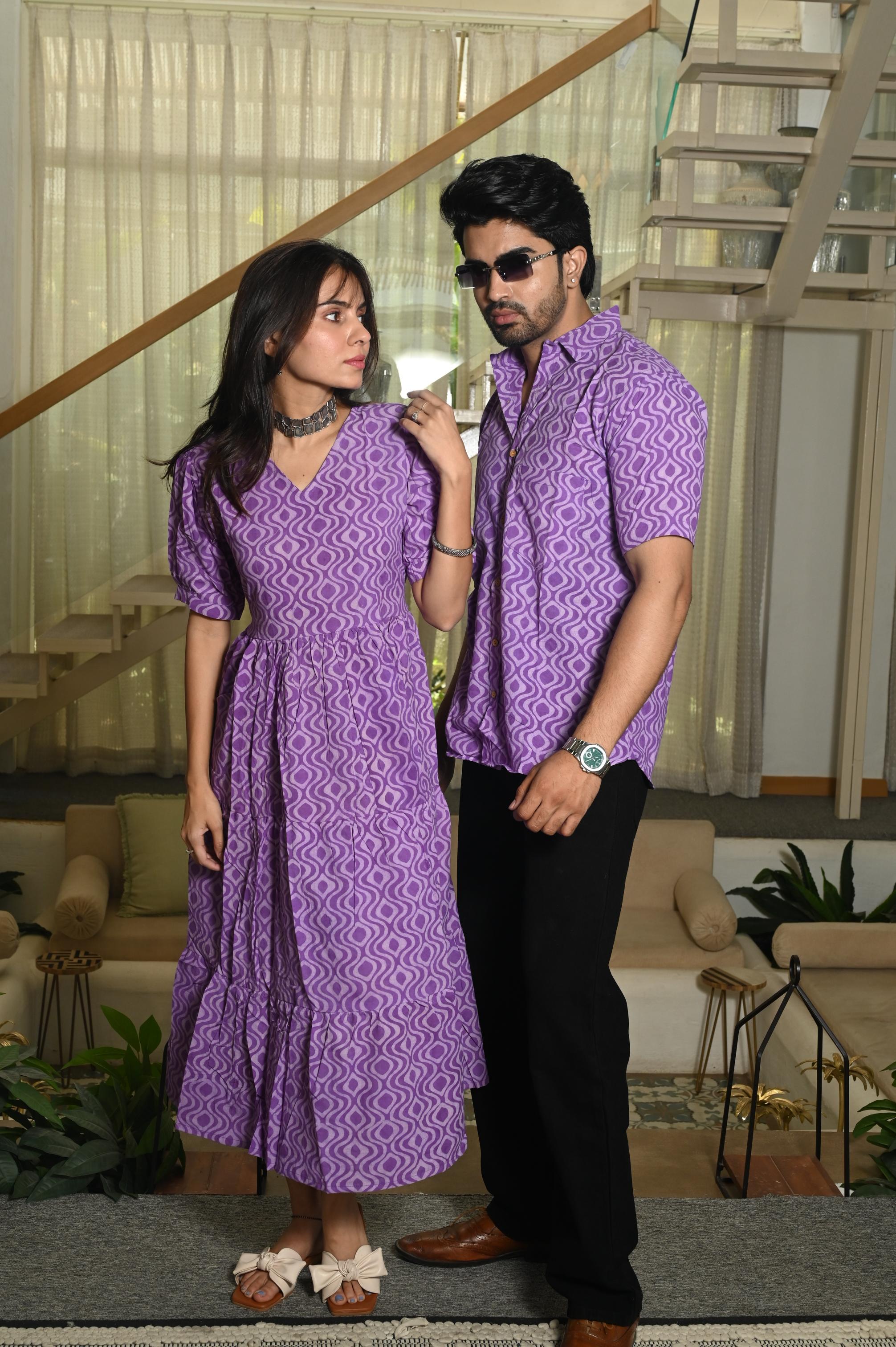 Purple Wavy Geometric Handprinted Pure Cotton Couple Dress & Shirt Set