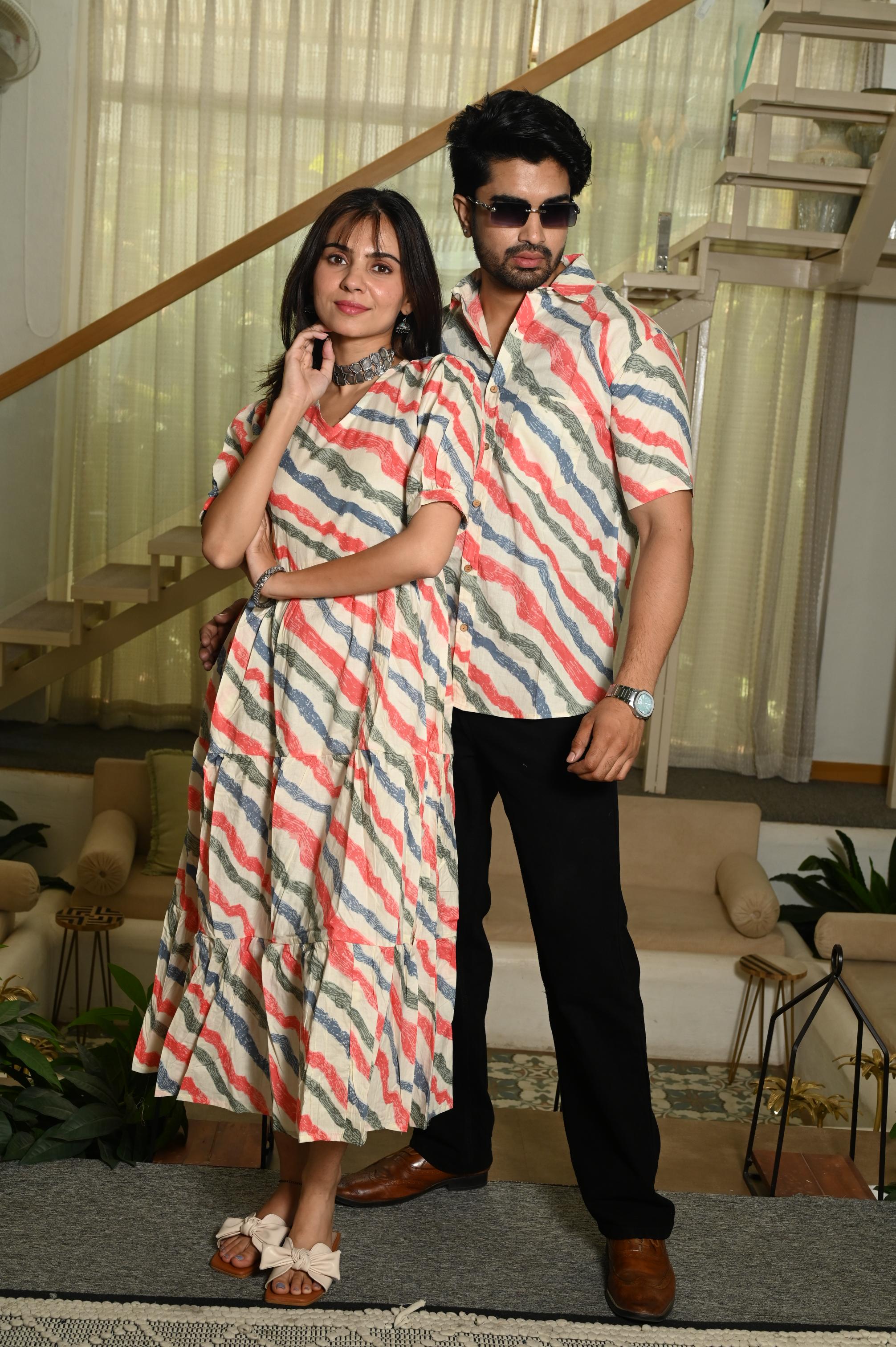 Multicolor Wavy Striped Handprinted Pure Cotton Couple Dress & Shirt Set