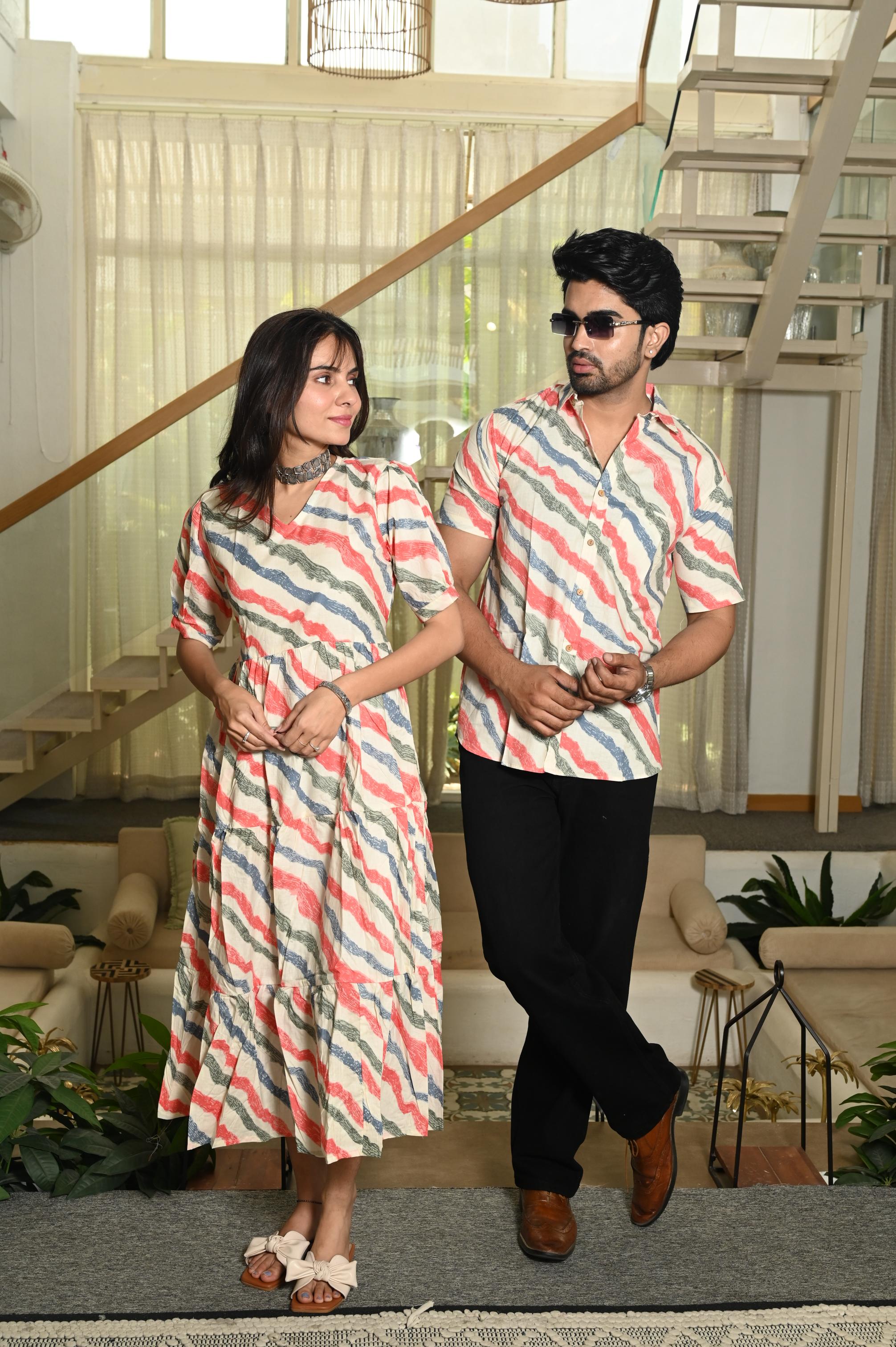 Multicolor Wavy Striped Handprinted Pure Cotton Couple Dress & Shirt Set