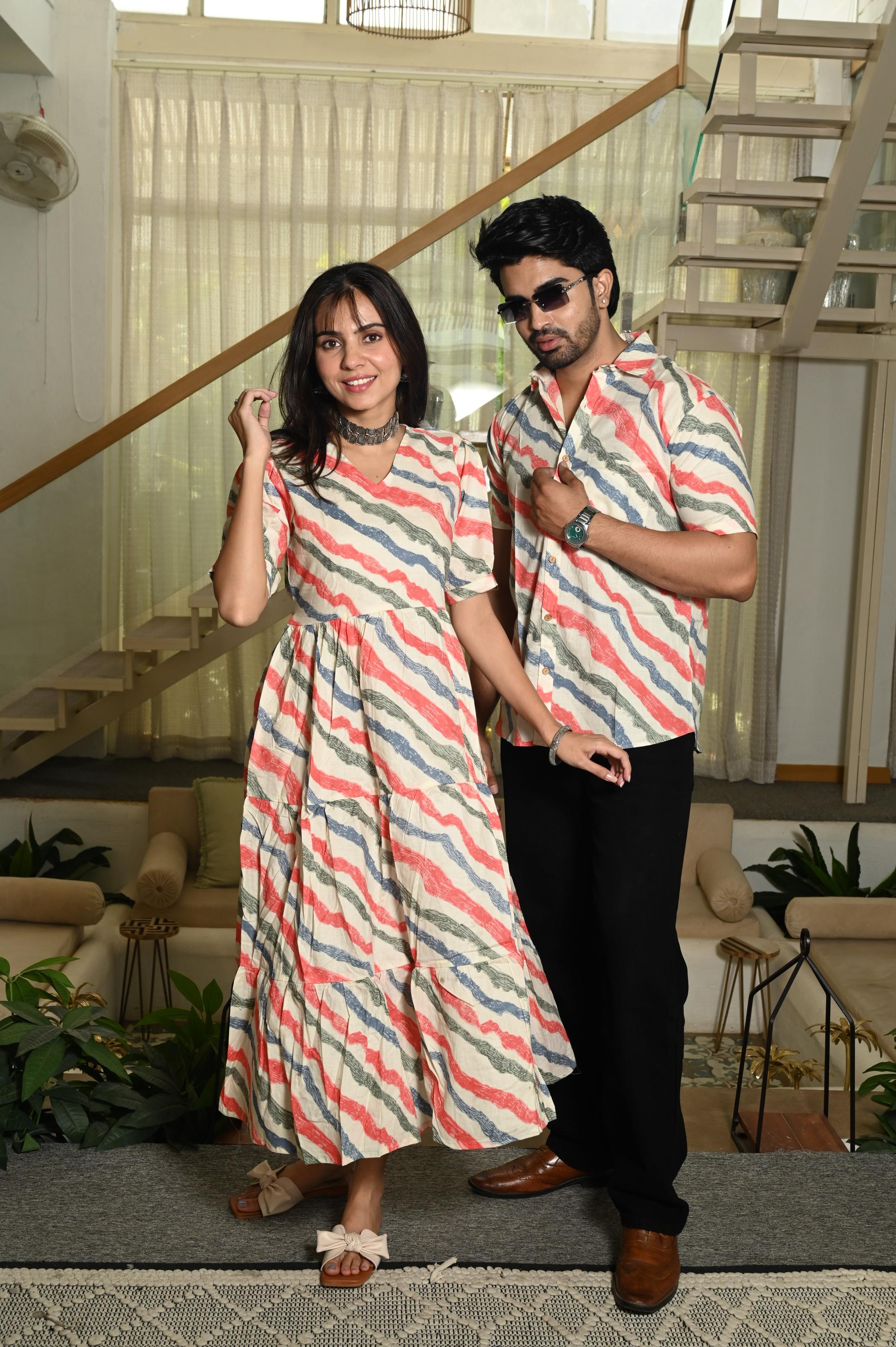 Multicolor Wavy Striped Handprinted Pure Cotton Couple Dress & Shirt Set