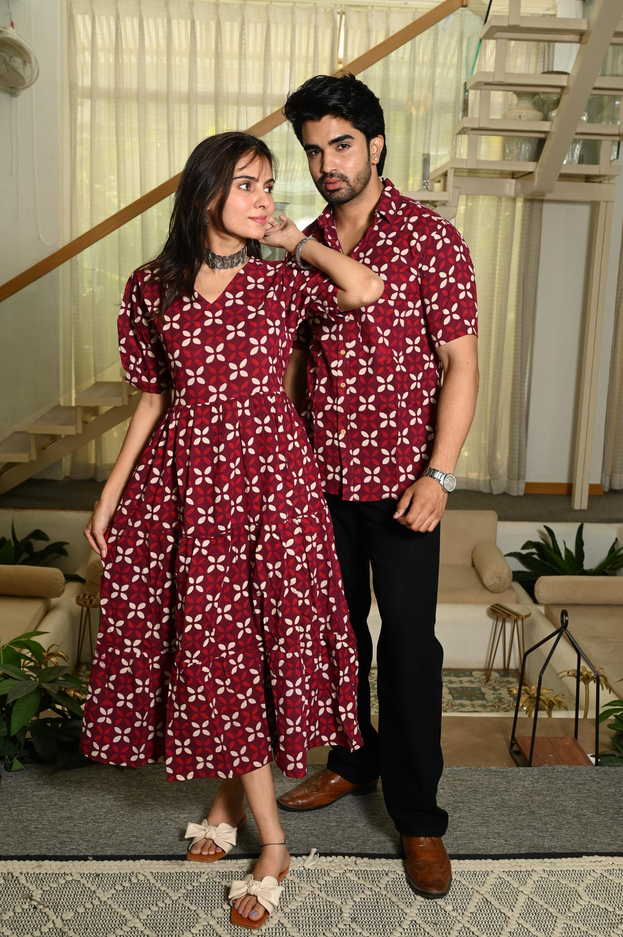 Maroon Geometric Floral Handprinted Pure Cotton Couple Dress & Shirt Set