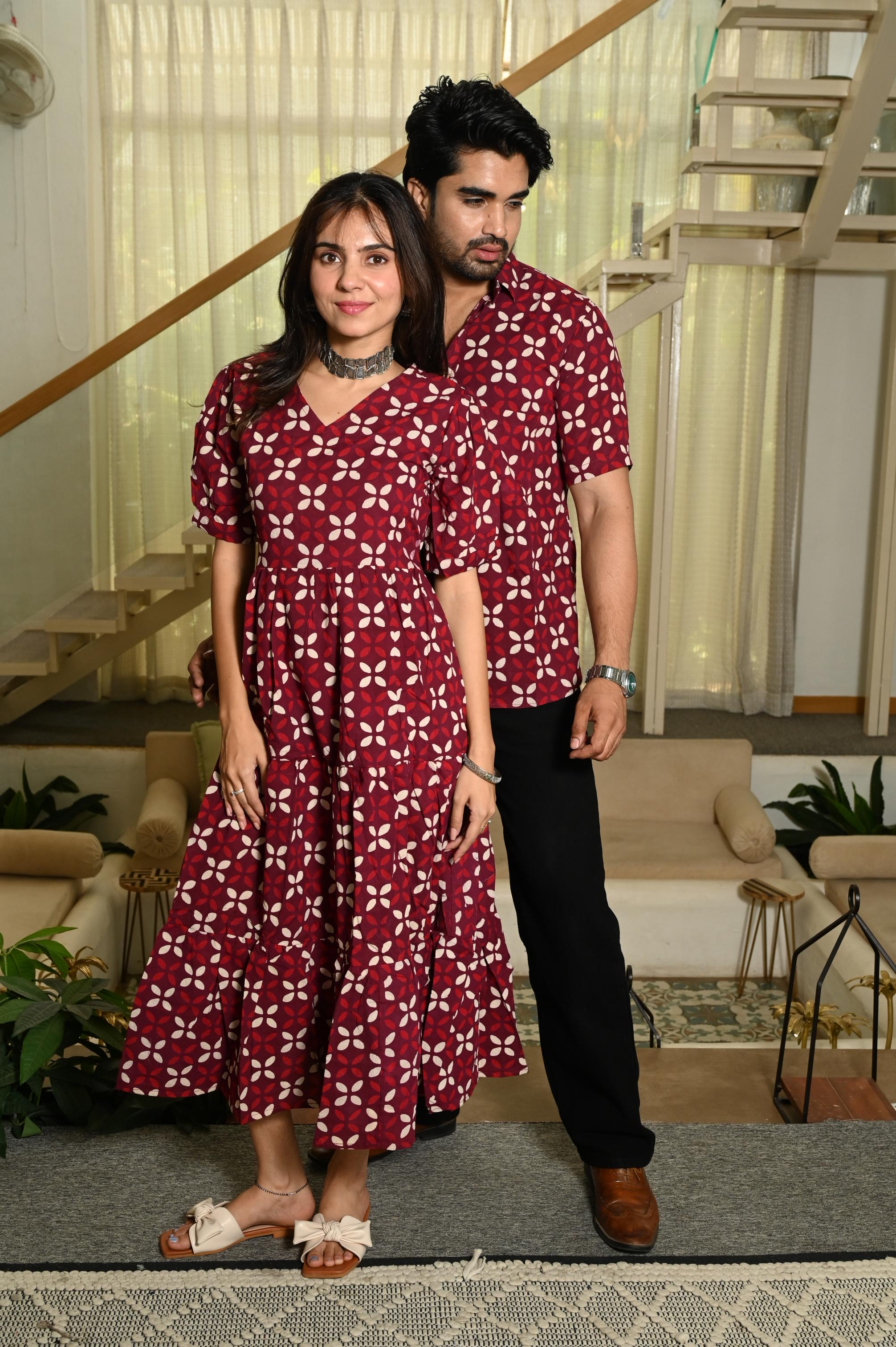 Maroon Geometric Floral Handprinted Pure Cotton Couple Dress & Shirt Set