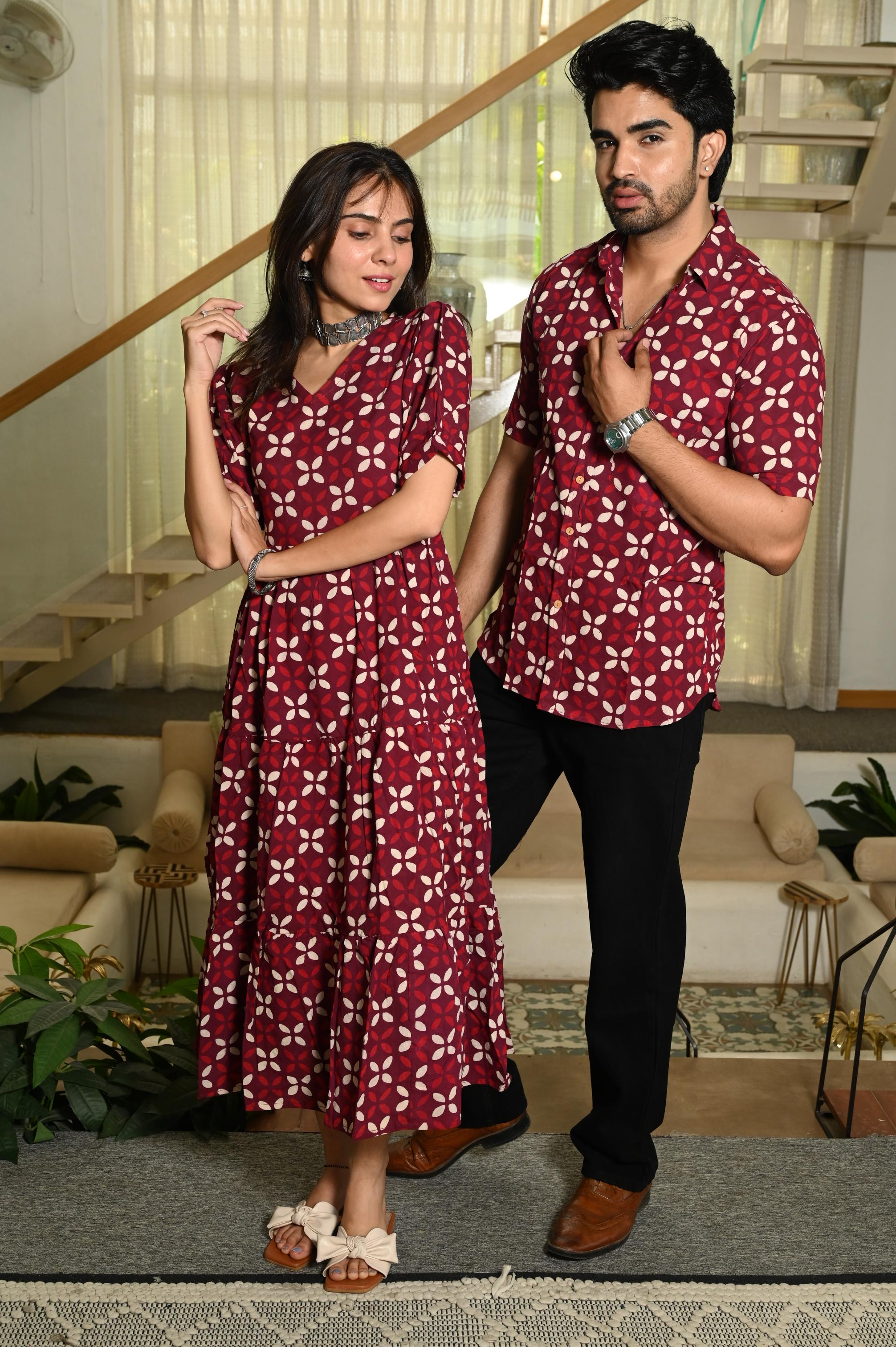 Maroon Geometric Floral Handprinted Pure Cotton Couple Dress & Shirt Set