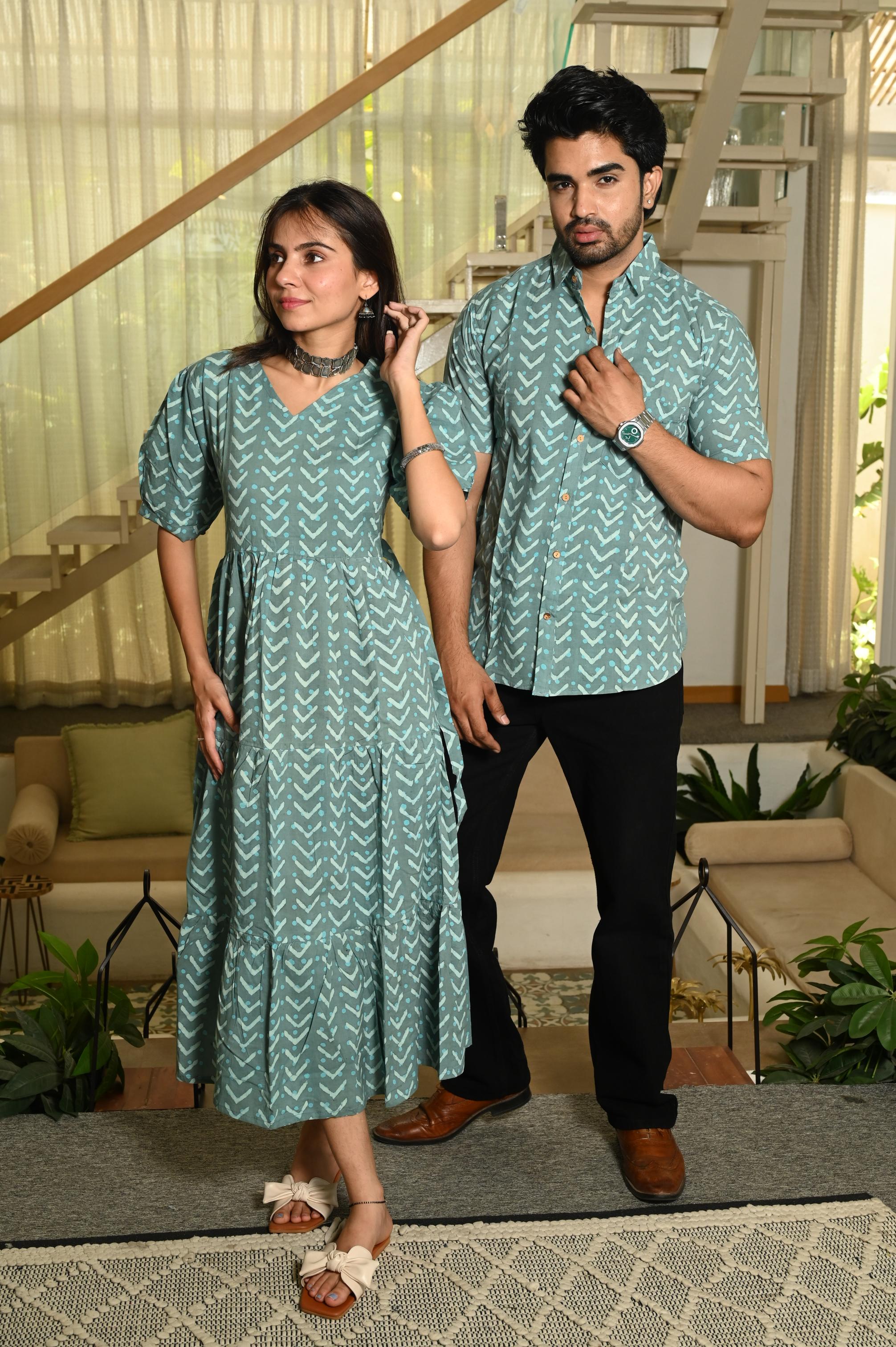 Sage Green Chevron Handprinted Pure Cotton Couple Dress & Shirt Set
