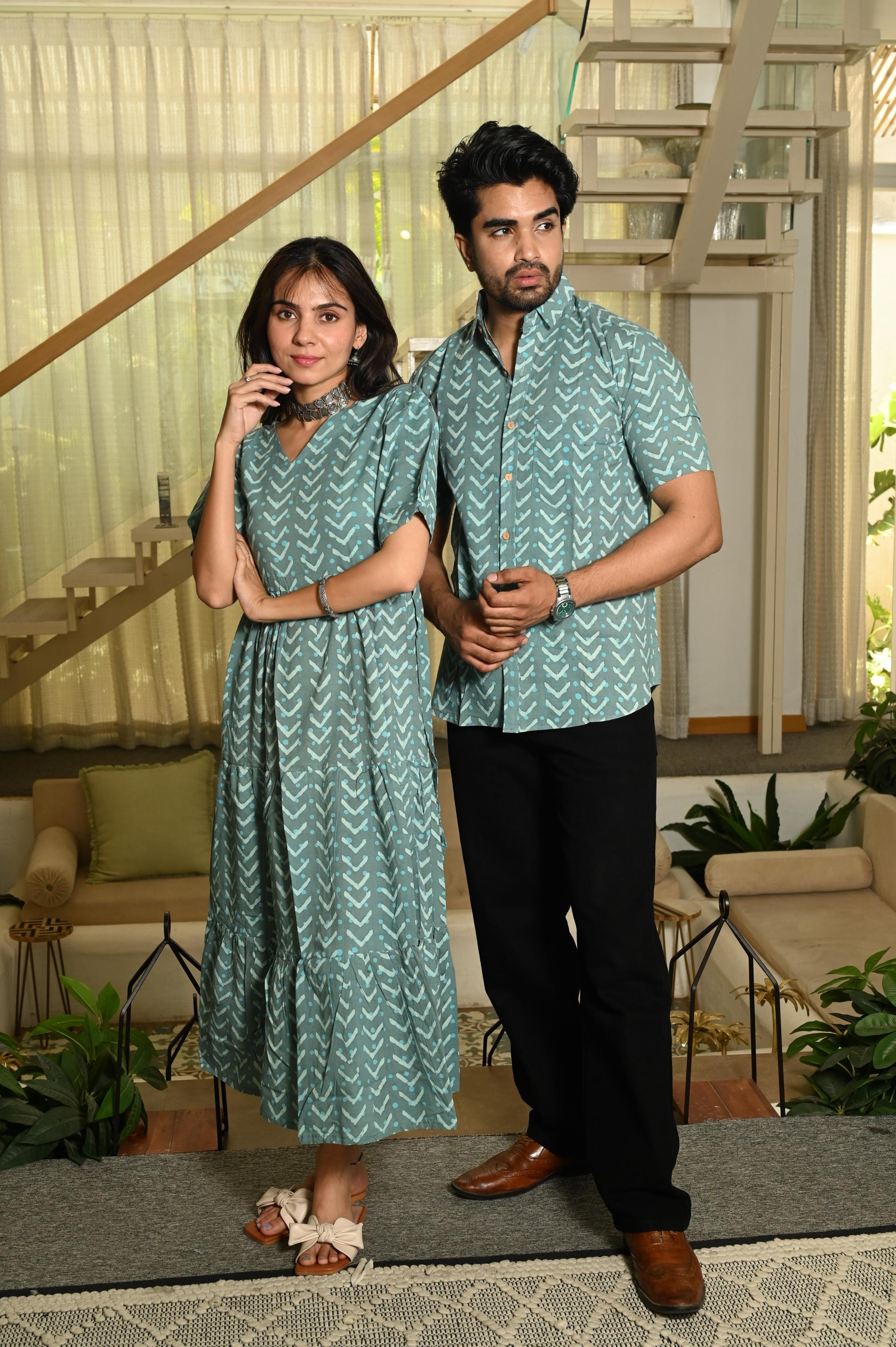 Sage Green Chevron Couple Dress Set