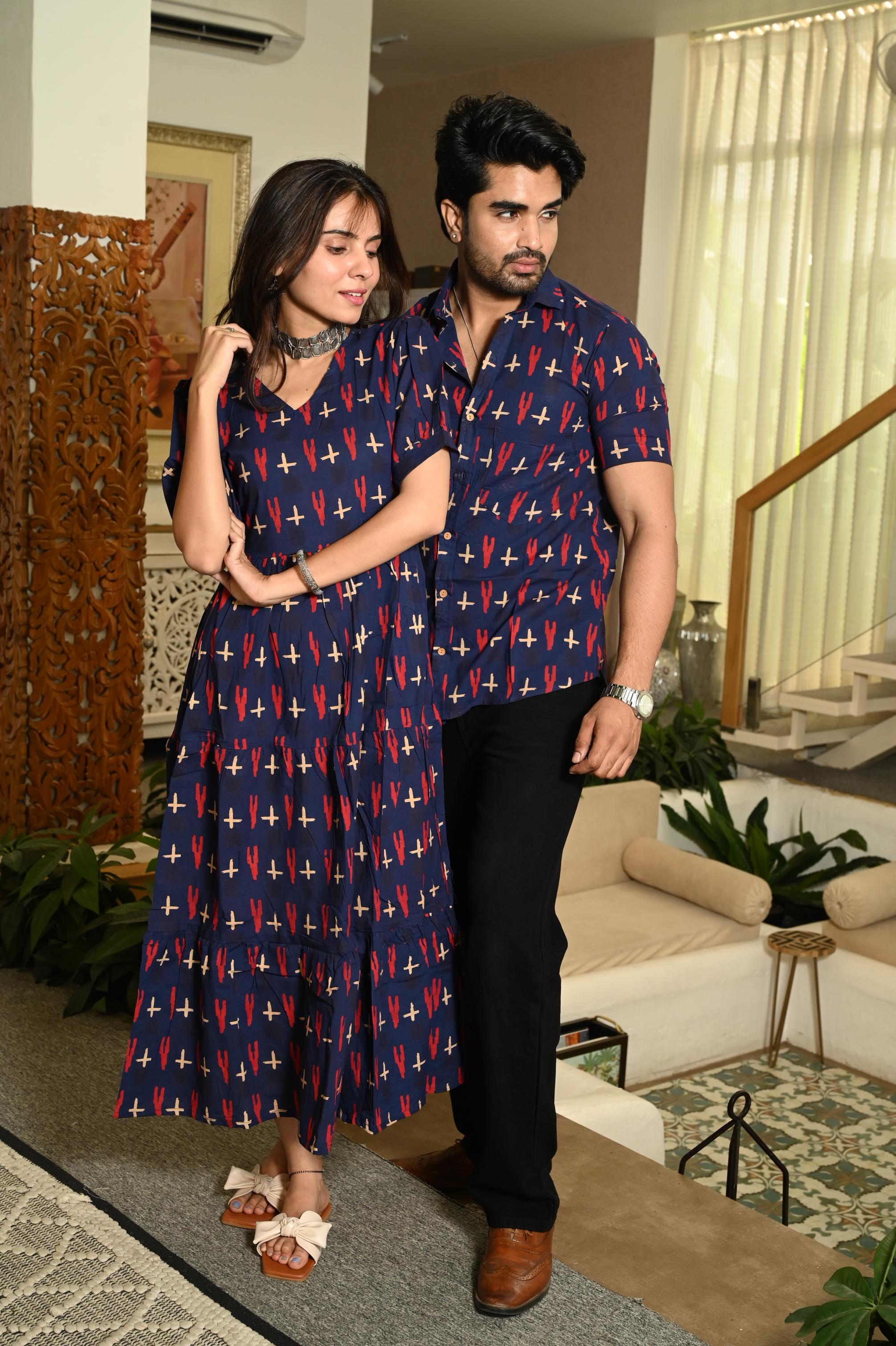Navy Blue Cactus Print Handprinted Pure Cotton Couple Dress & Shirt Set