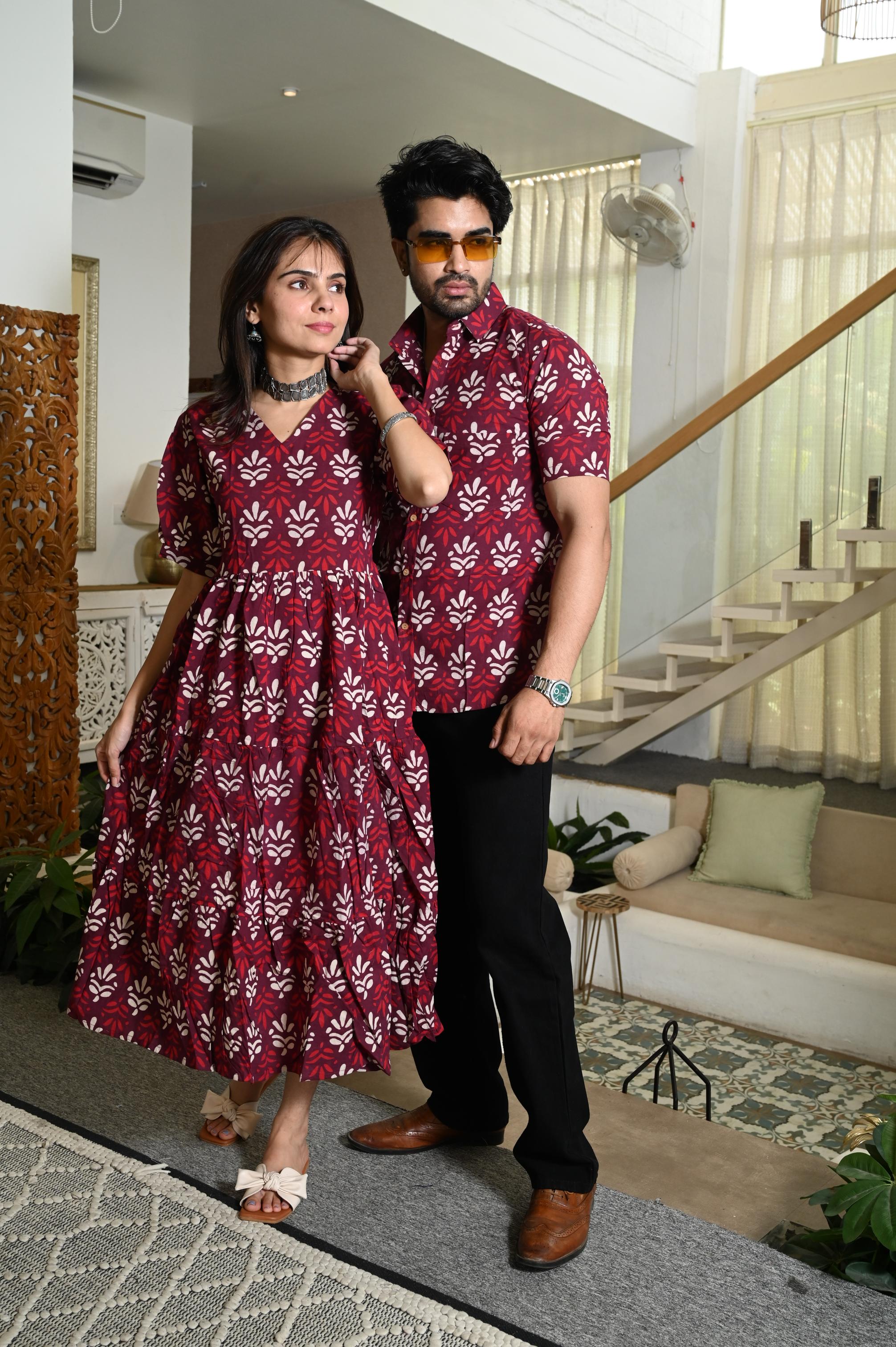 Burgundy Floral Buta Handprinted Pure Cotton Couple Dress & Shirt Set