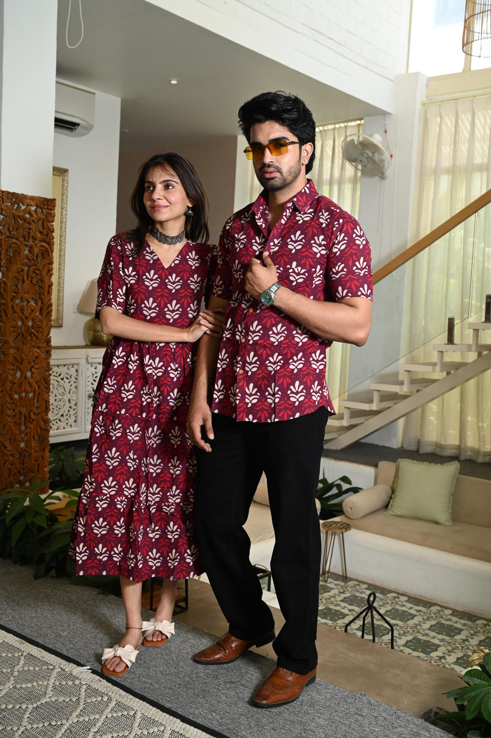 Burgundy Floral Buta Handprinted Pure Cotton Couple Dress & Shirt Set