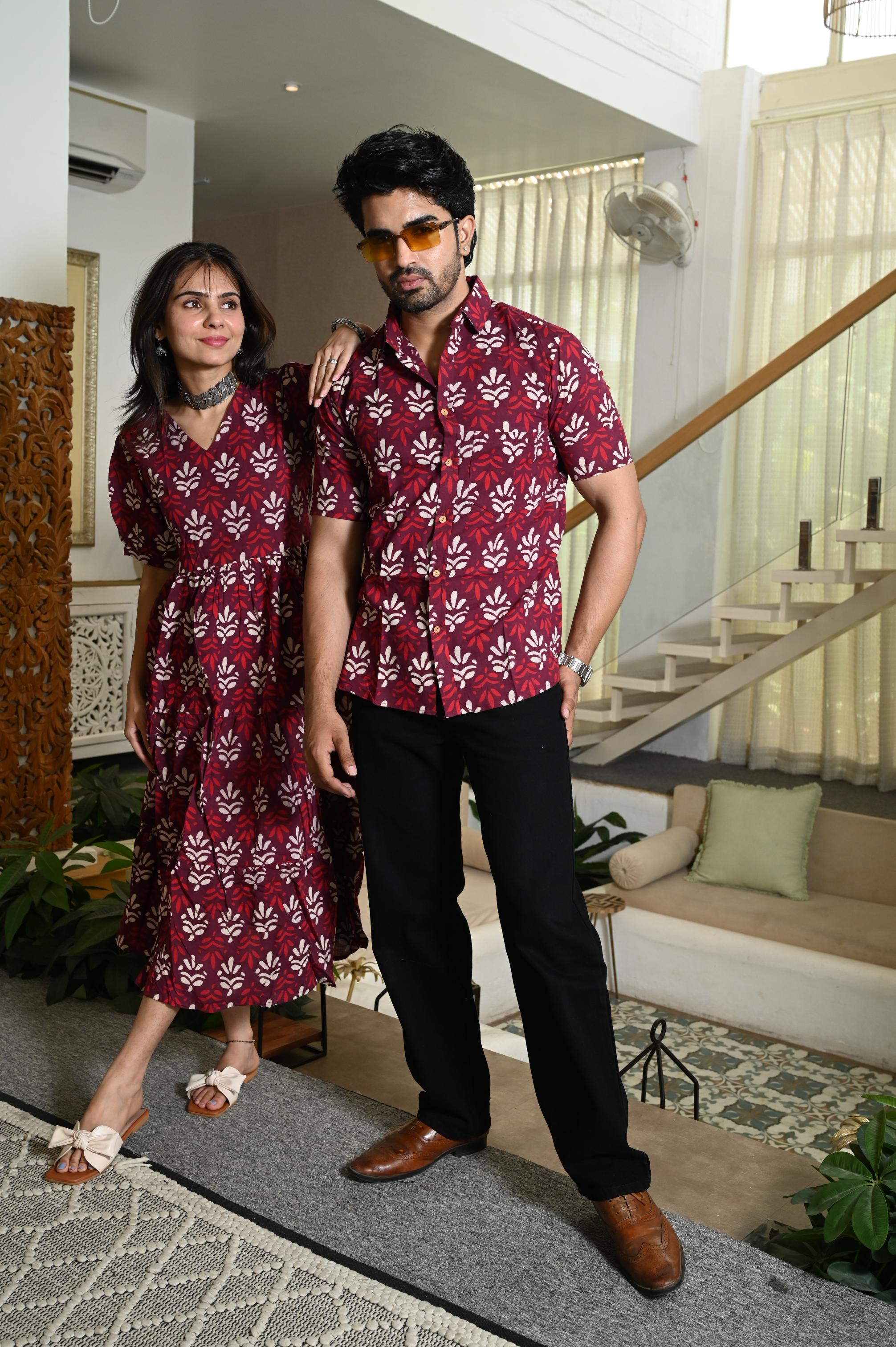 Burgundy Floral Buta Handprinted Pure Cotton Couple Dress & Shirt Set