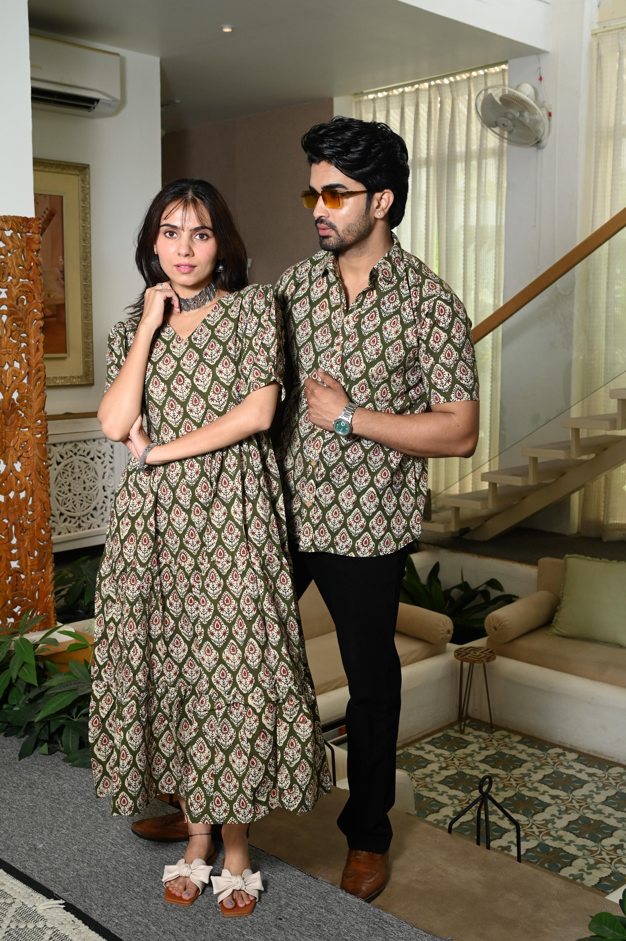 Olive Green Hand Block Printed Pure Cotton Couple Matching Dress & Shirt Set