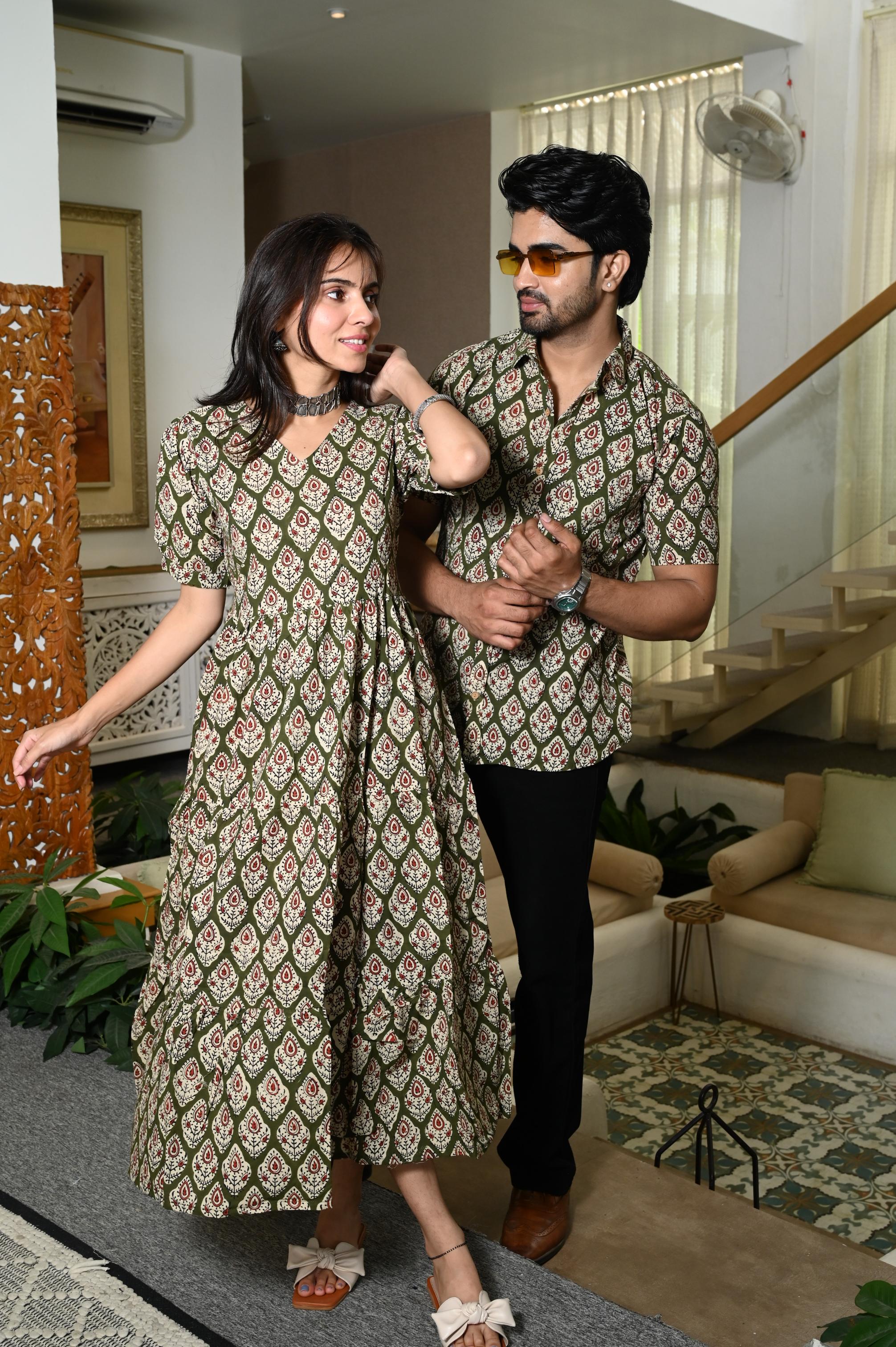 Olive Green Hand Block Printed Pure Cotton Couple Matching Dress & Shirt Set
