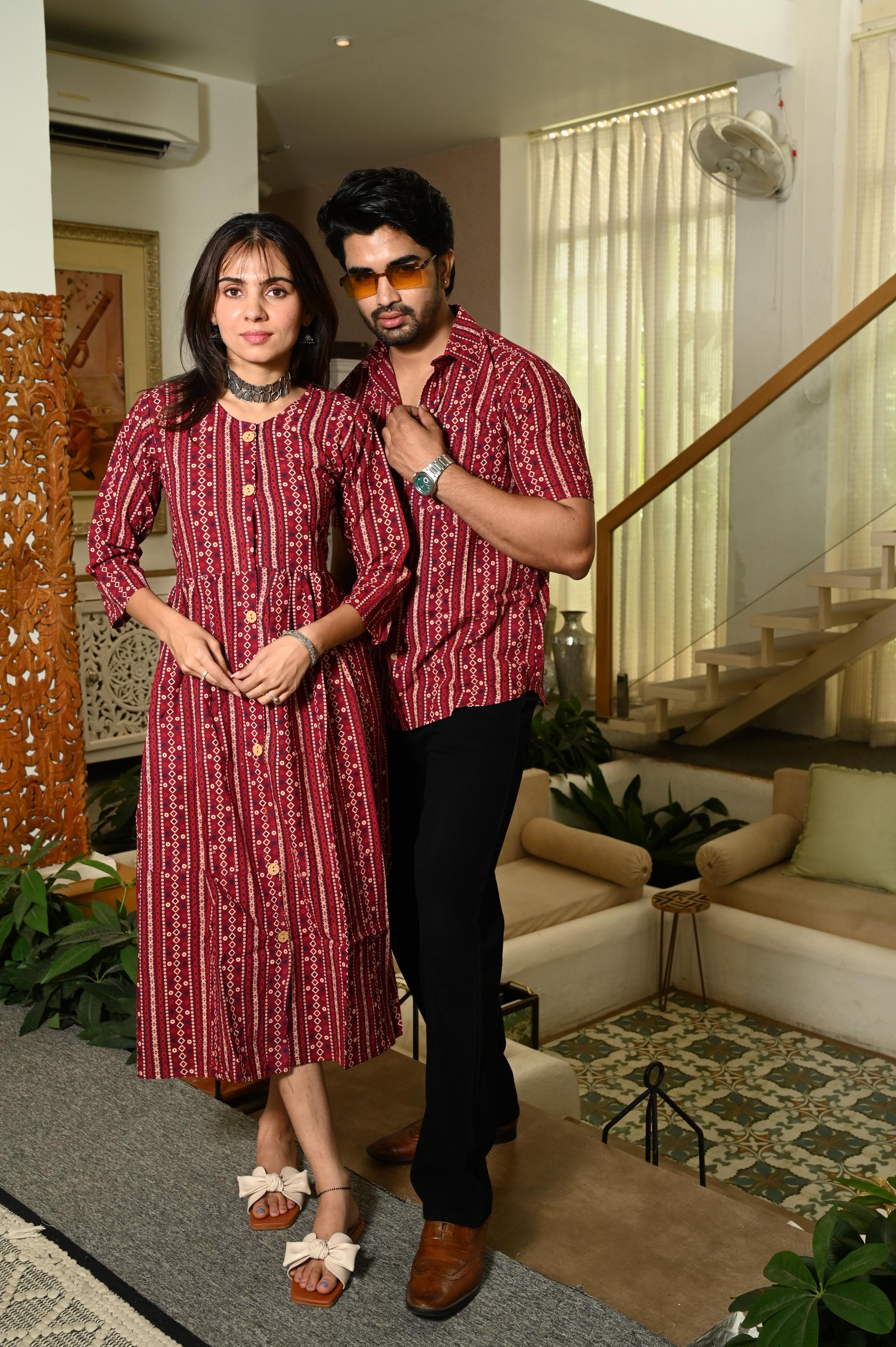 Deep Red Hand Block Printed Pure Cotton Couple Matching Dress & Shirt Set