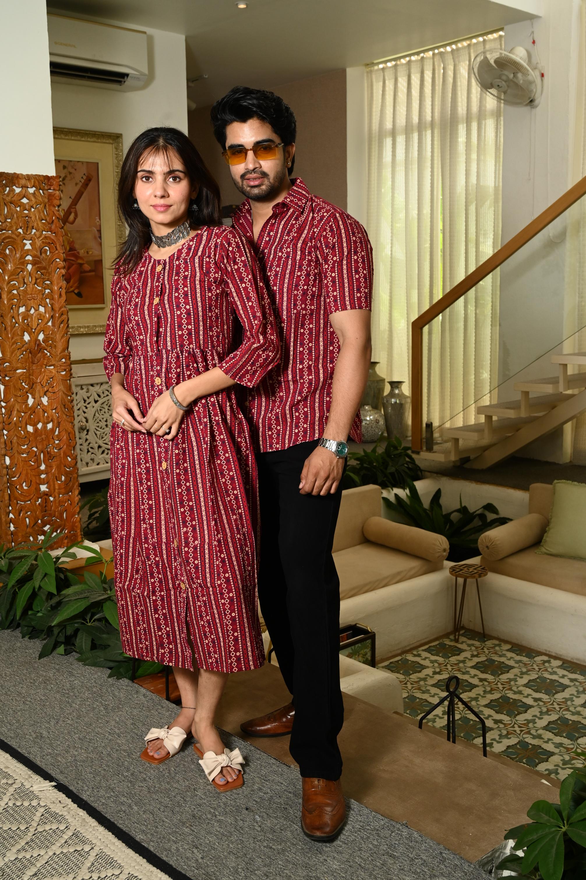 Deep Red Hand Block Printed Pure Cotton Couple Matching Dress & Shirt Set