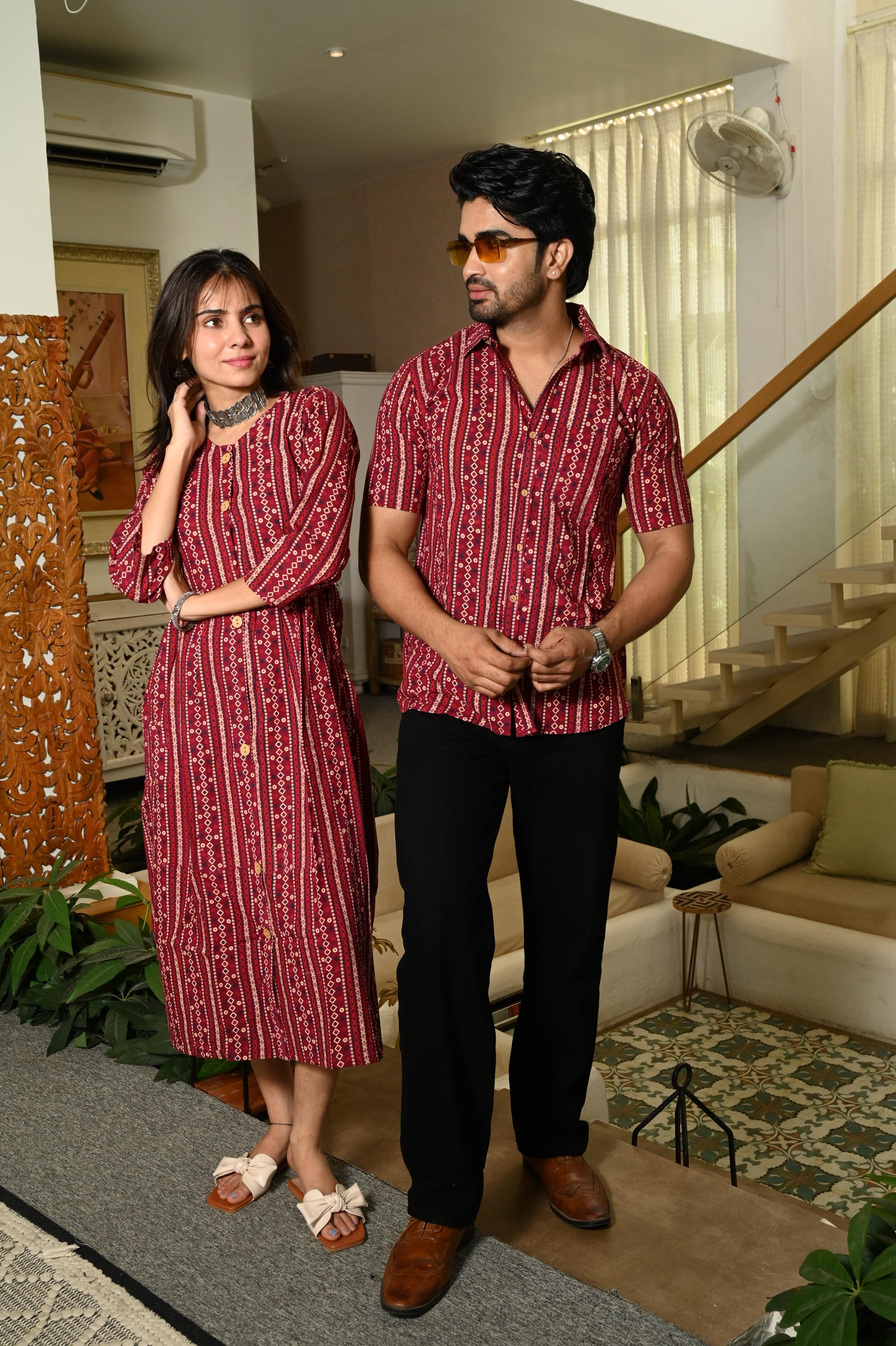 Deep Red Hand Block Printed Pure Cotton Couple Matching Dress & Shirt Set