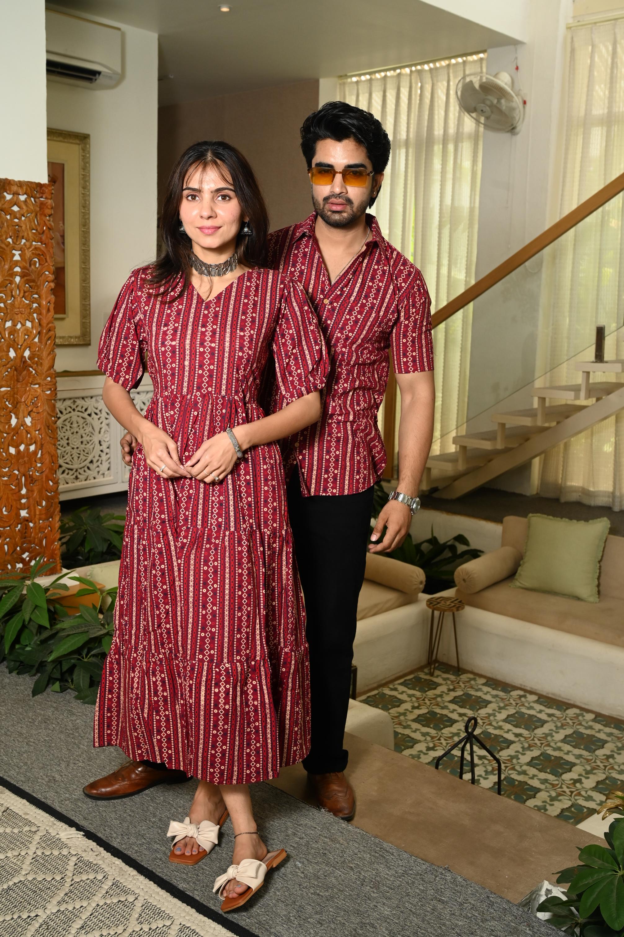 Deep Red Hand Block Printed Pure Cotton Couple Matching Dress & Shirt Set