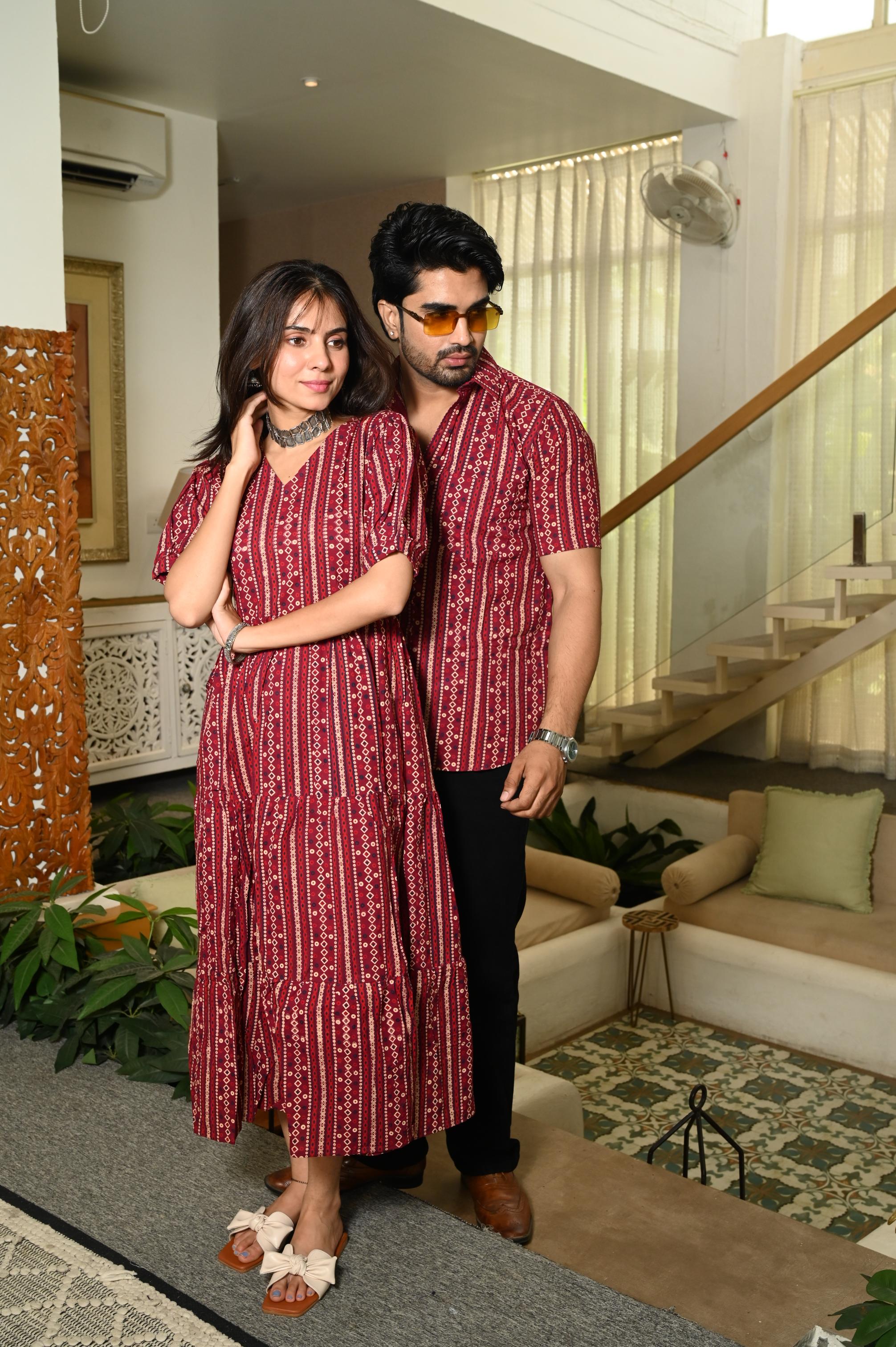 Deep Red Hand Block Printed Pure Cotton Couple Matching Dress & Shirt Set