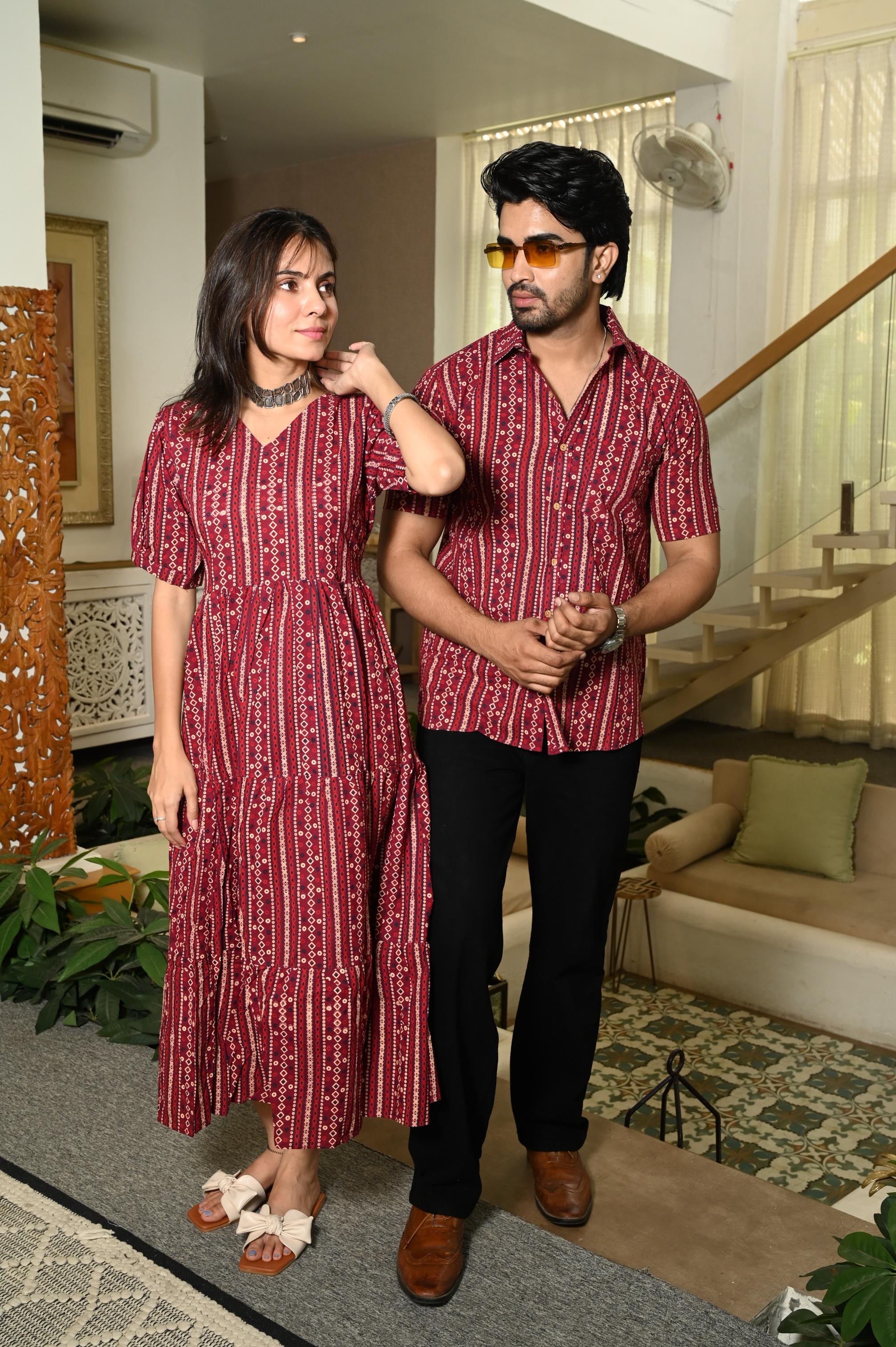 Deep Red Hand Block Printed Pure Cotton Couple Matching Dress & Shirt Set